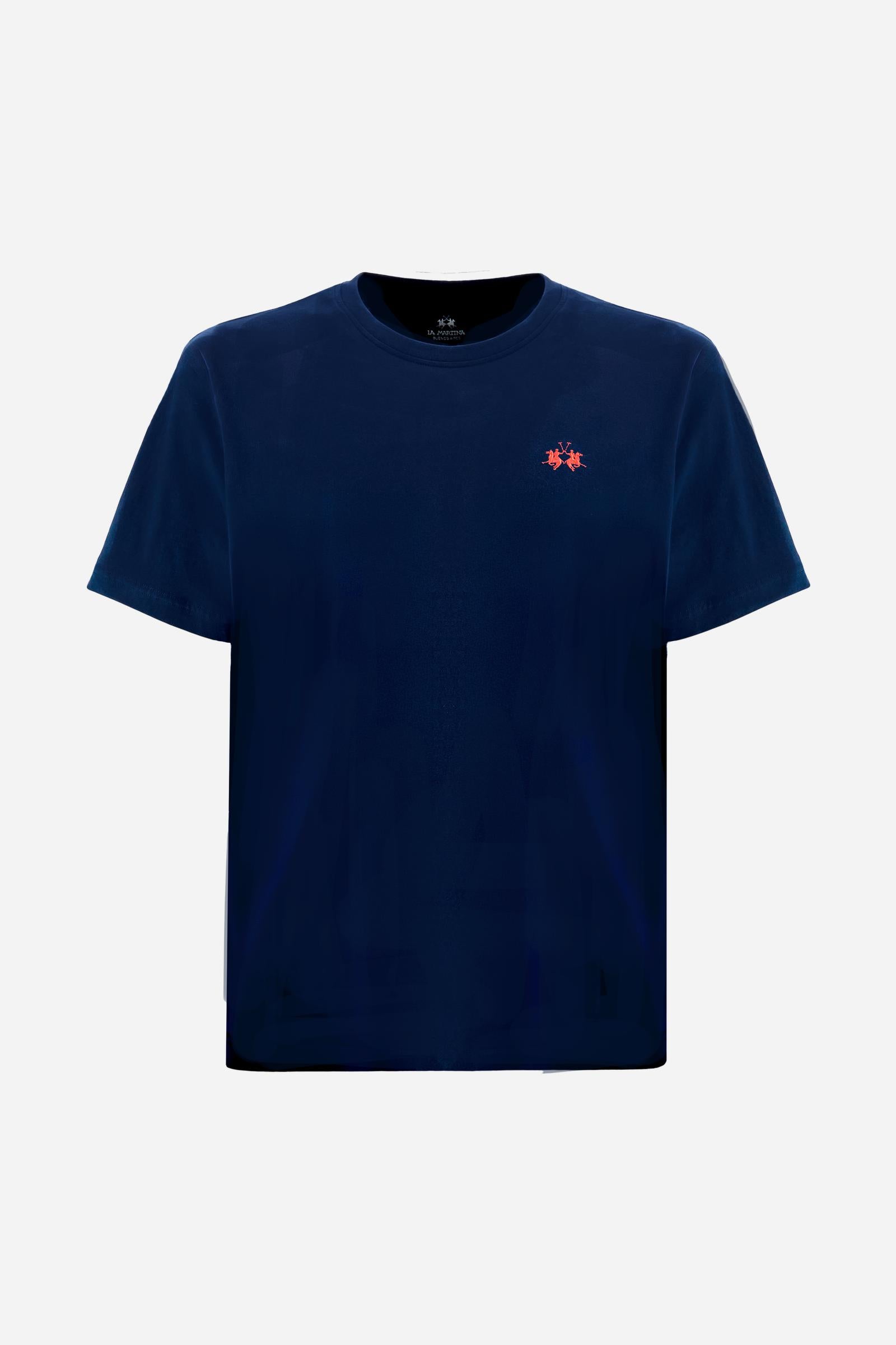 Men’s short sleeve cotton jersey T-shirt, essential style with contrast embroidered logo and regular fit. - Navy