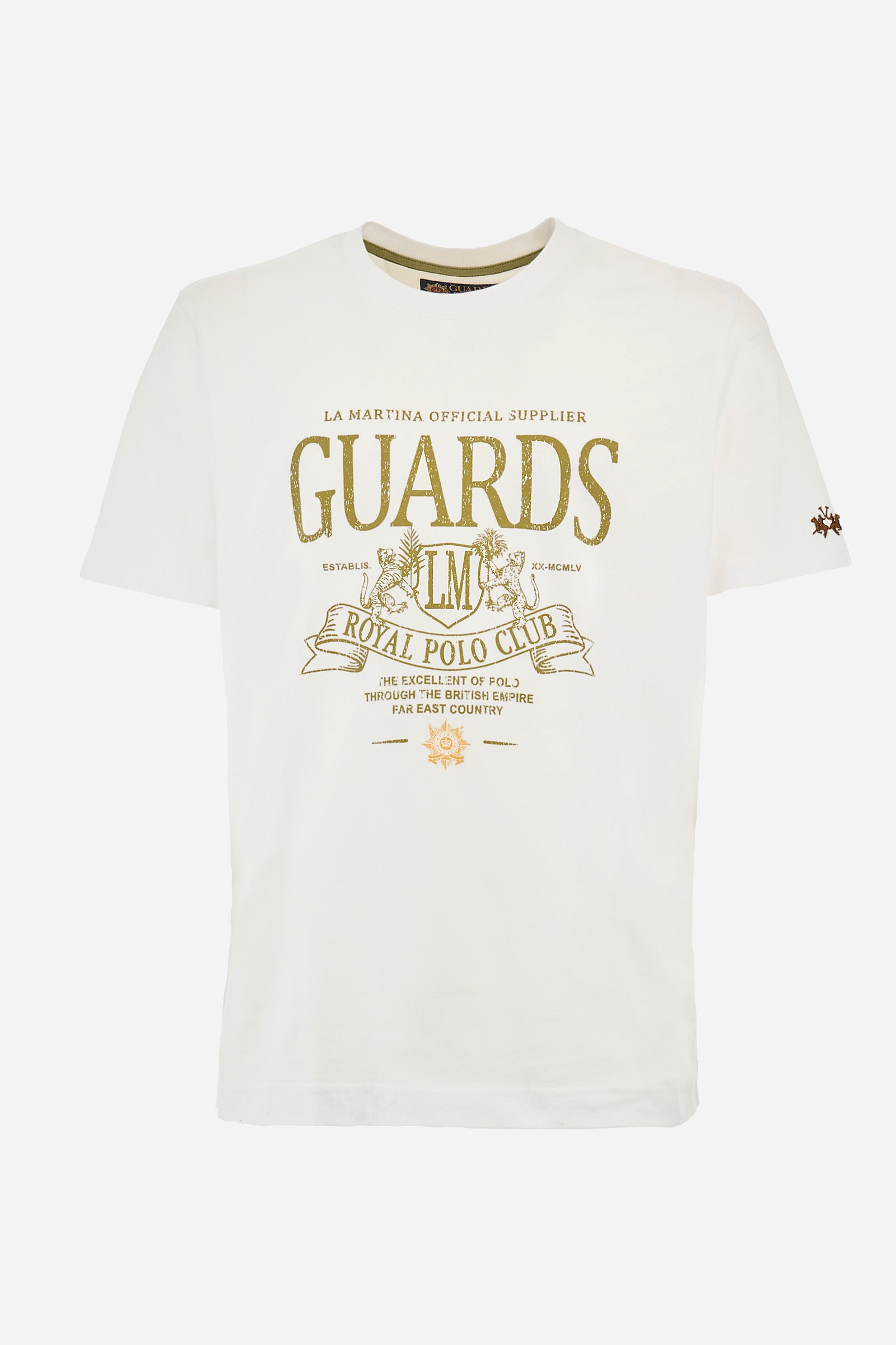 Men’s short-sleeved t-shirt, crew neck, solid color. Made of 100% cotton jersey. Small and large prints and symbols in contrasting tones identify the Guards capsule collection. Regular fit. The model wears a size L. - Optic White
