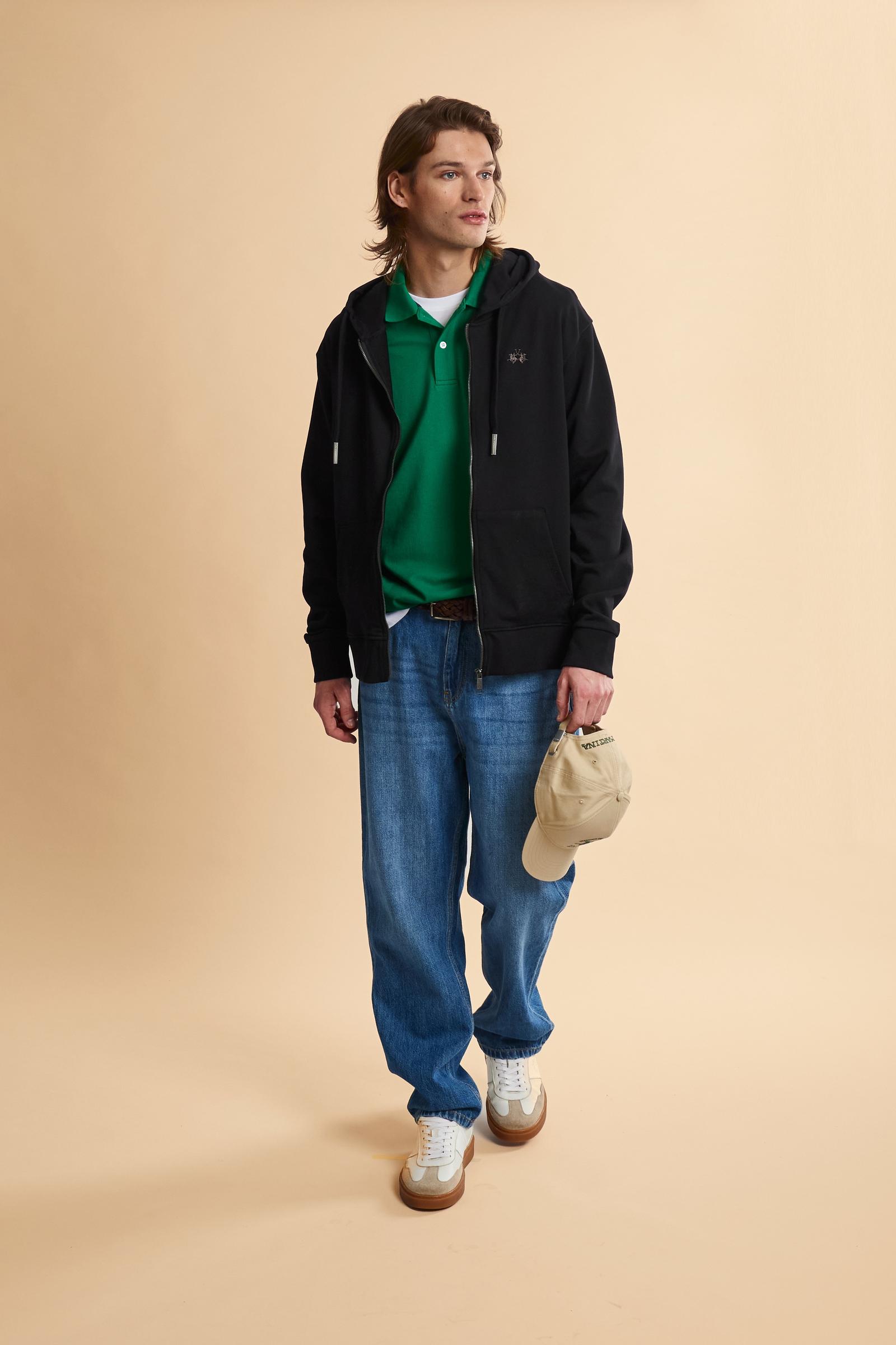 Hooded sweatshirt in lightweight unbrushed cotton with front zip and adjustable drawstring hood with metal tips. Kangaroo pockets and ribbed trims. Relaxed regular fit with contrast embroidered logo on the chest. - Black