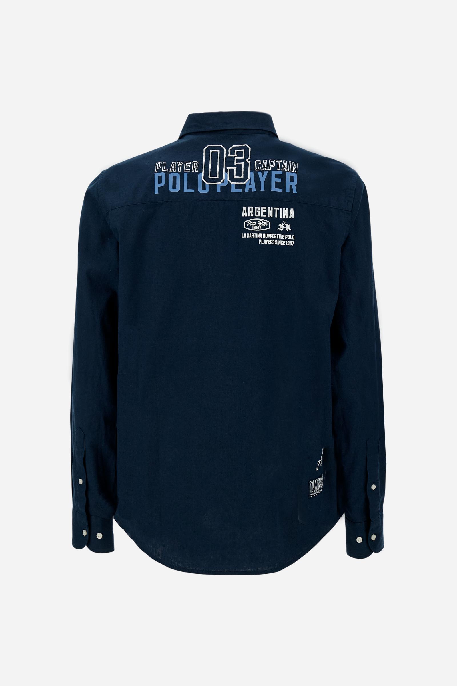 Men’s long-sleeve cotton and linen shirt. Regular fit with strong graphic identity, featuring prints and embroidery inspired by the Polo Team Argentina. - Navy