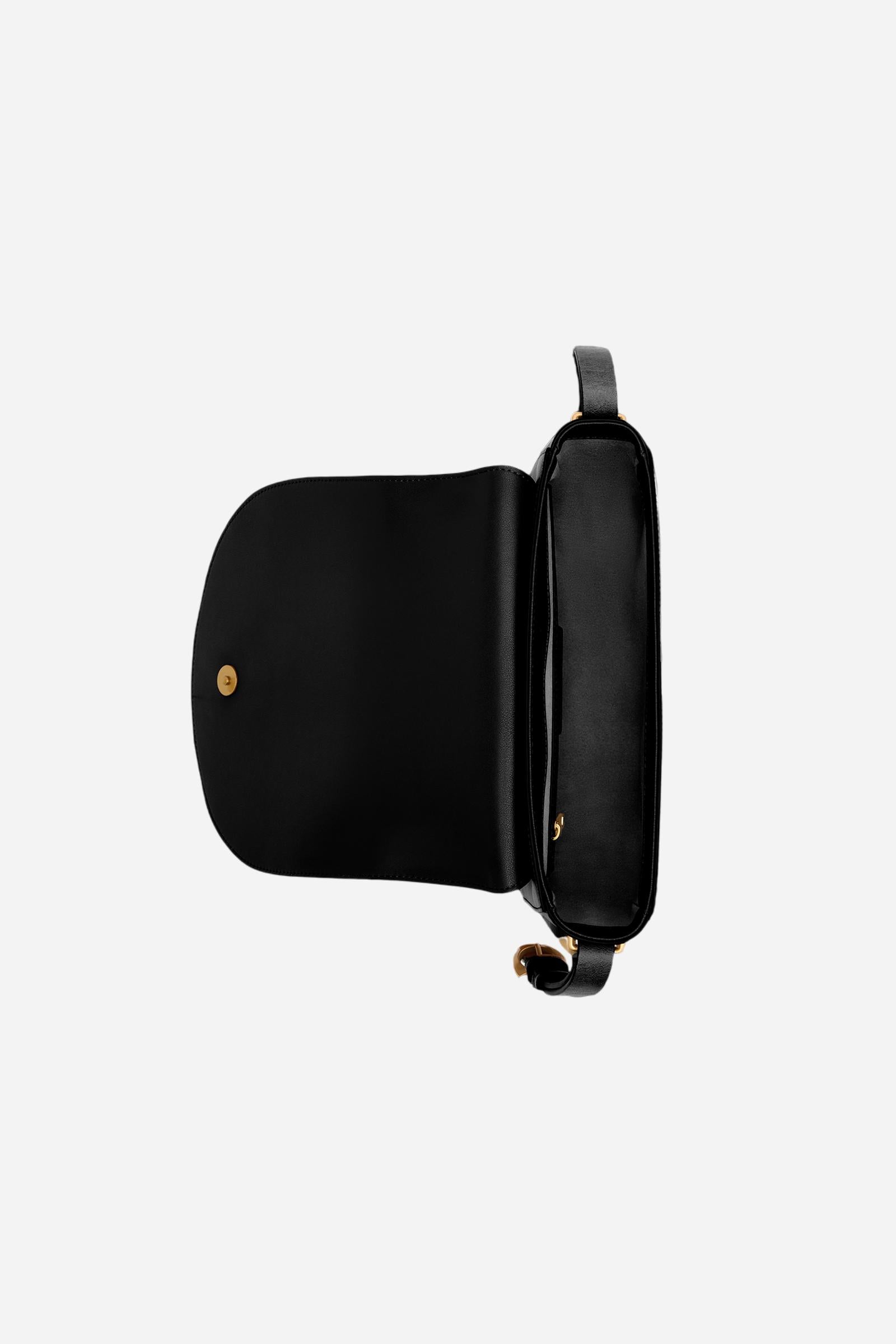 Small crossbody bag in calfskin leather and leather. Curved design with large golden buckle and contrasting details. - Black