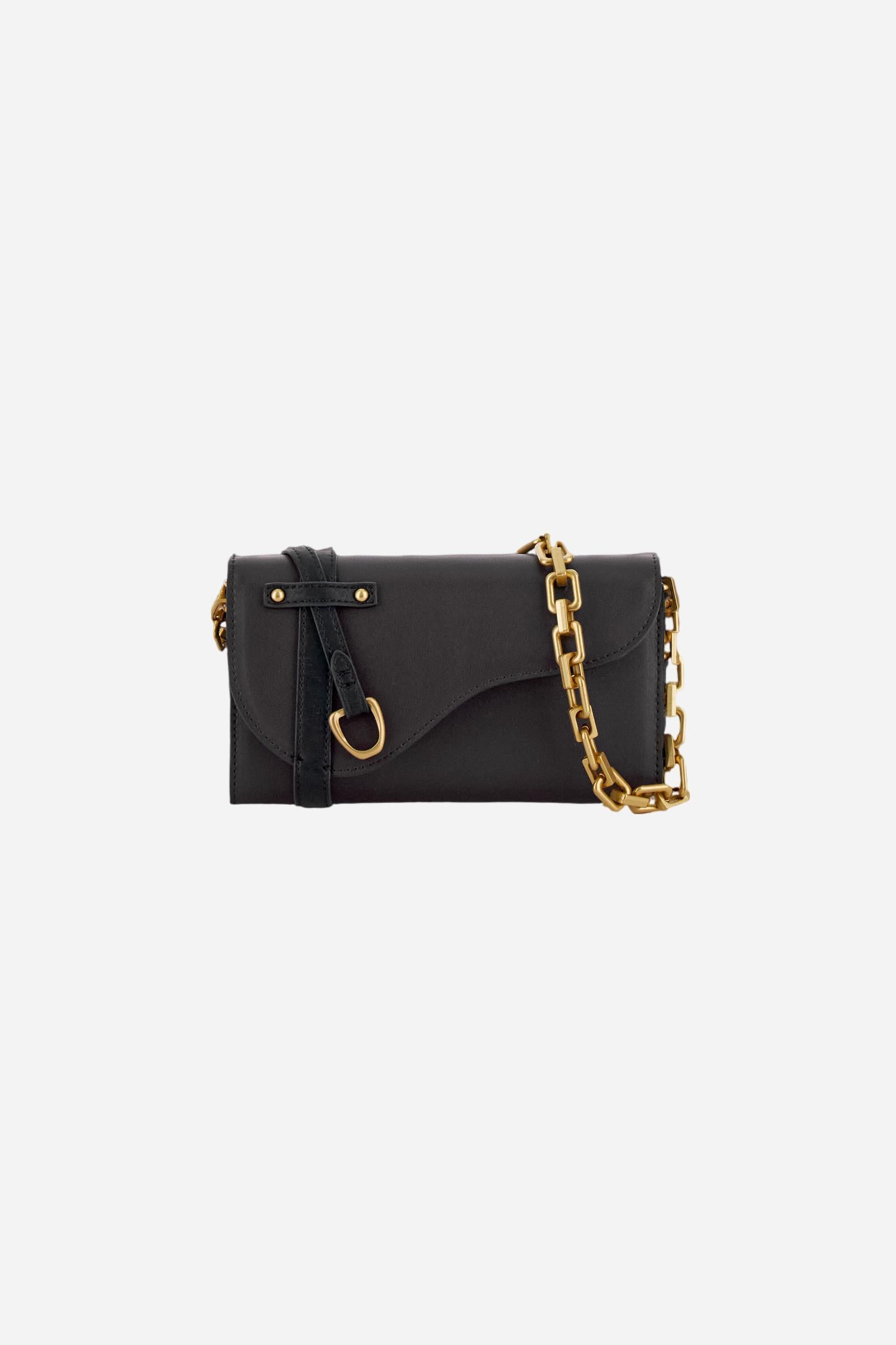 Leather chain wallet in soft calfskin with shaped flap and contrasting leather details. Decorated with a small golden buckle and engraved logo. - Black