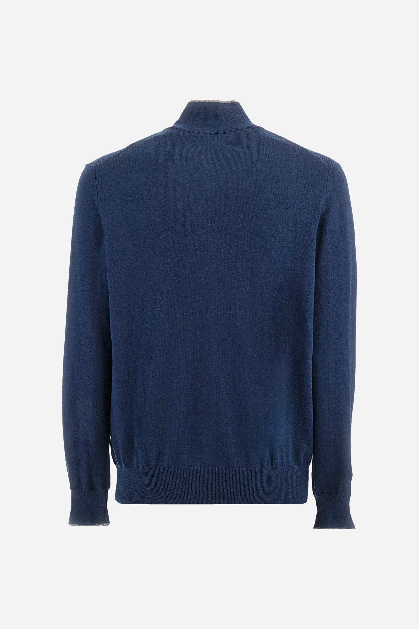 Men's plain mock polo neck pullover with long sleeves. Trimmed collar with a half zip, made from ribbed fabric to match the cuffs and hem. Made from a blend of cotton and wool. Featuring a small embroidered logo on the front. Regular fit. The model is wearing a size L. - Navy