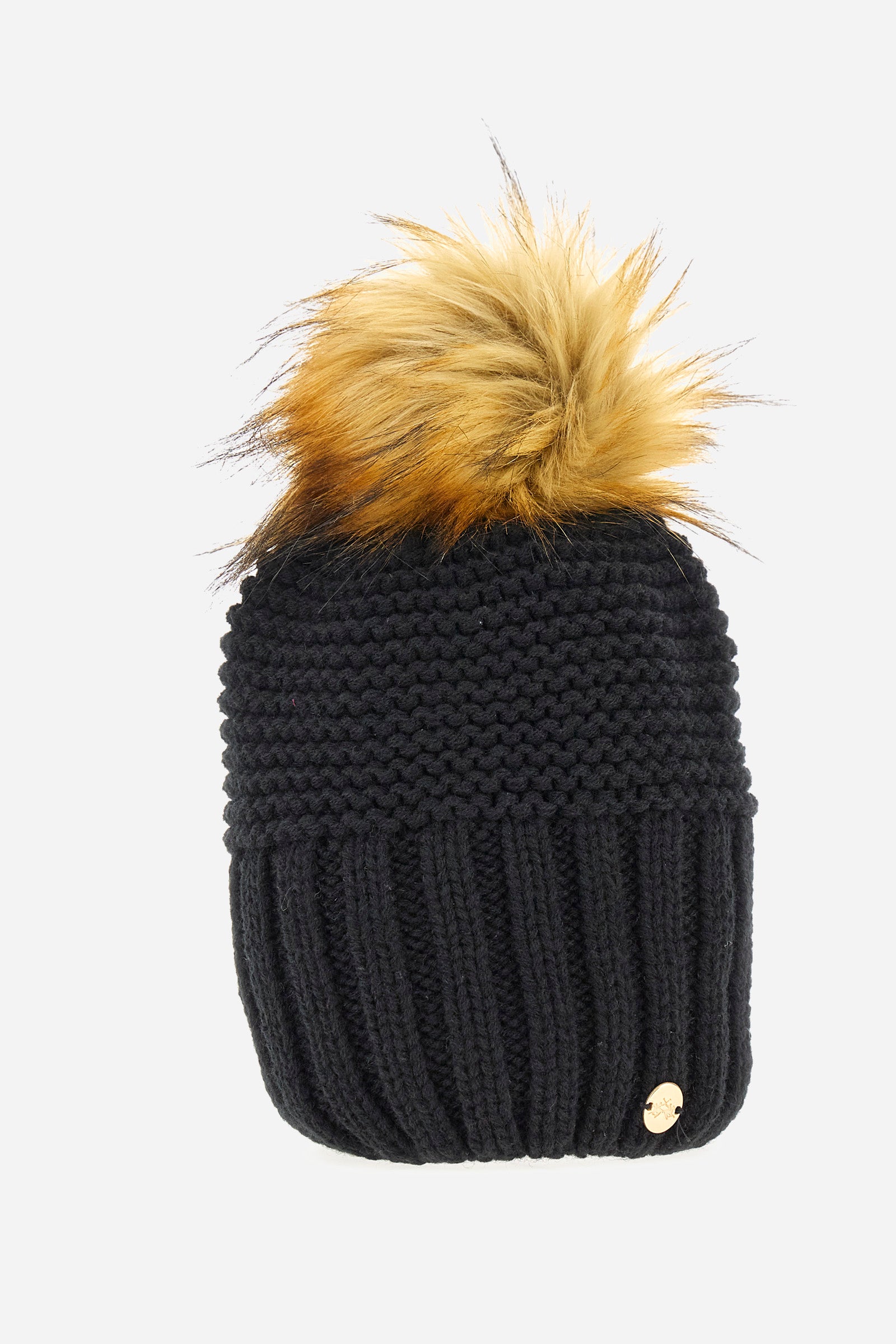 Women's hat in soft wool and viscose, perfect for keeping your head warm during cold winter days. The timeless line adapts to any style, while the pom-pom and the logo application give a touch of originality and personality to the garment. Ideal for completing any casual or formal look, this hat is a must-have for anyone looking for comfort and style in a single accessory. - Black