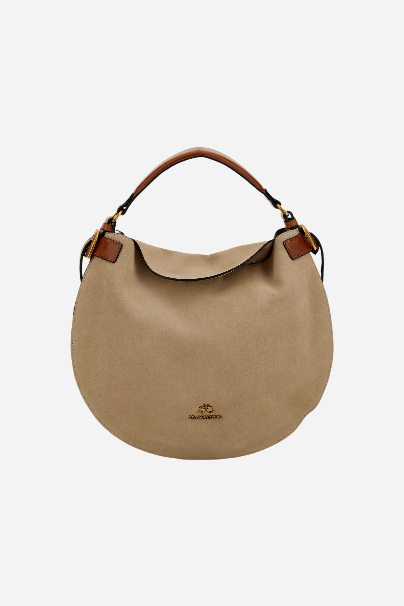 Medium hobo bag in suede and leather with short handle and adjustable strap, hidden magnetic closure and gold logo buckle. - Neutral/Cuoio