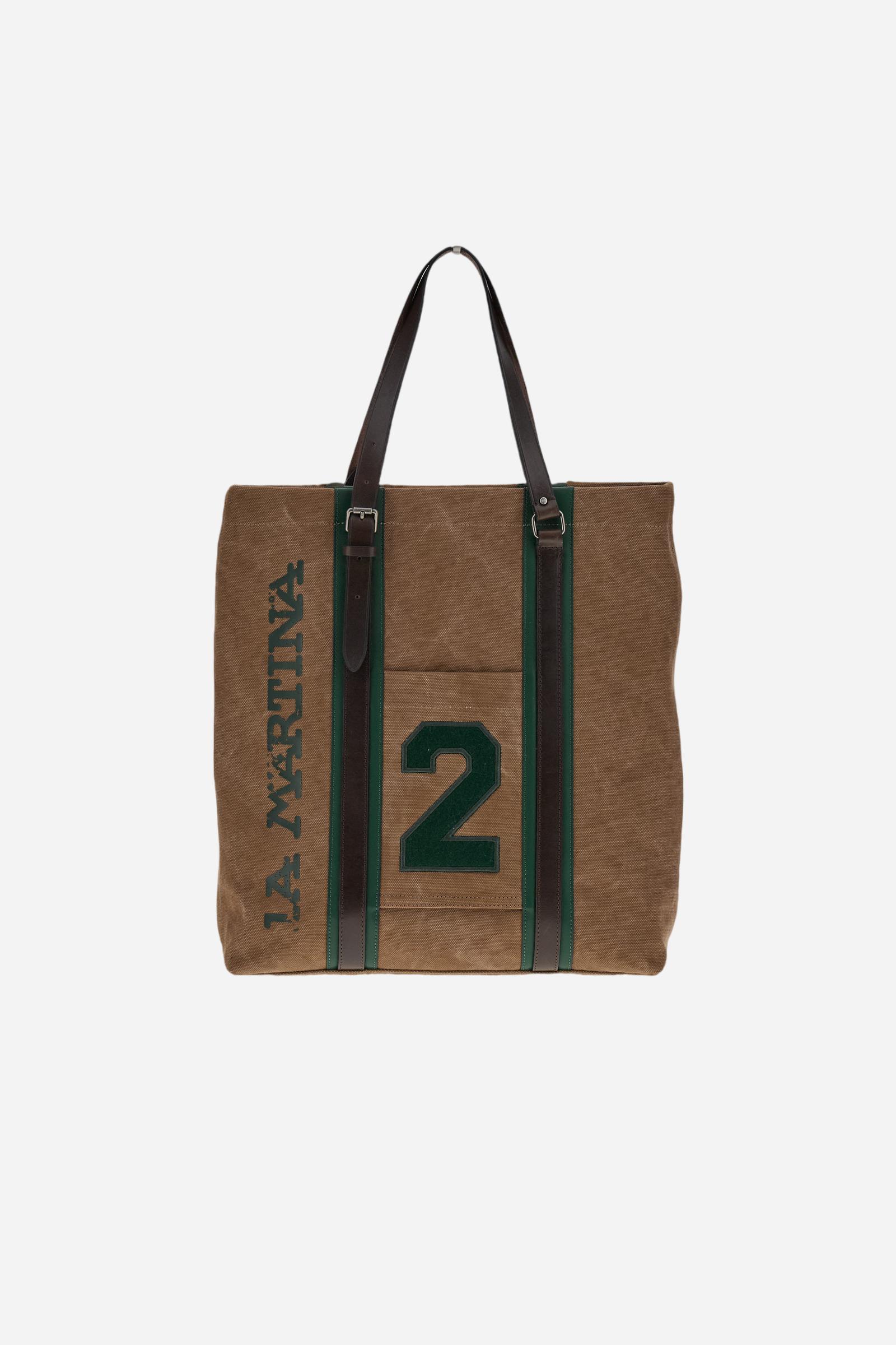 Tote bag in washed cotton and smooth leather. Versatile and roomy, with leather handles and front pocket with patch. - COCOA/PINE NEEDLE