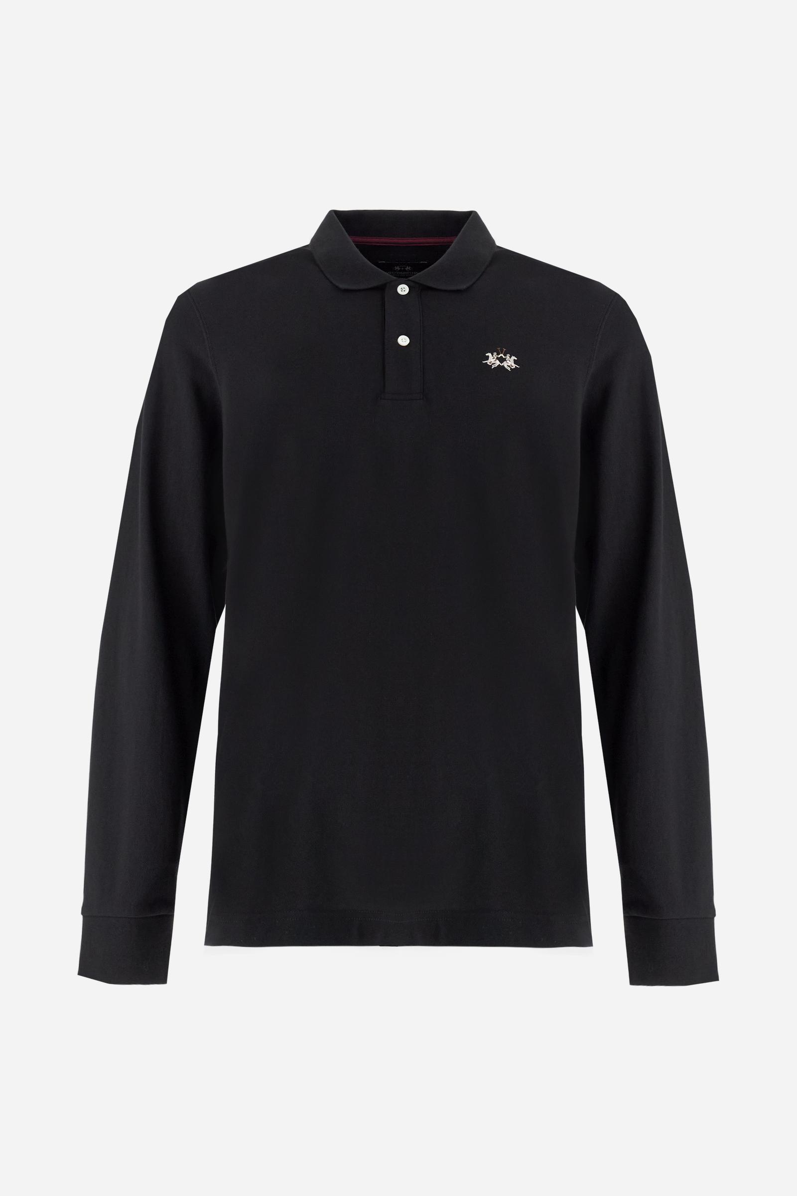 Men’s long-sleeve polo in high-quality stretch cotton piqué for comfort and flexibility. Tone-on-tone ribbed collar with contrast gabardine undercollar embroidered with the brand’s iconic lettering, revealed when the collar is lifted. Contrast embroidered logo on the chest. Slim fit, offering a modern silhouette that enhances the body while ensuring freedom of movement. Model wears size L. - Black