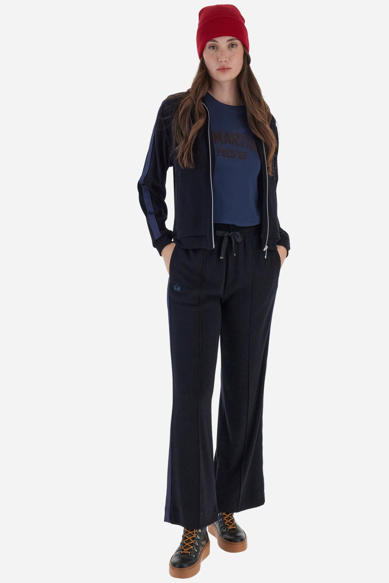 Women’s joggers in viscose-blend interlock fleece, straight fit with slightly flared hem and striped side bands. - Navy