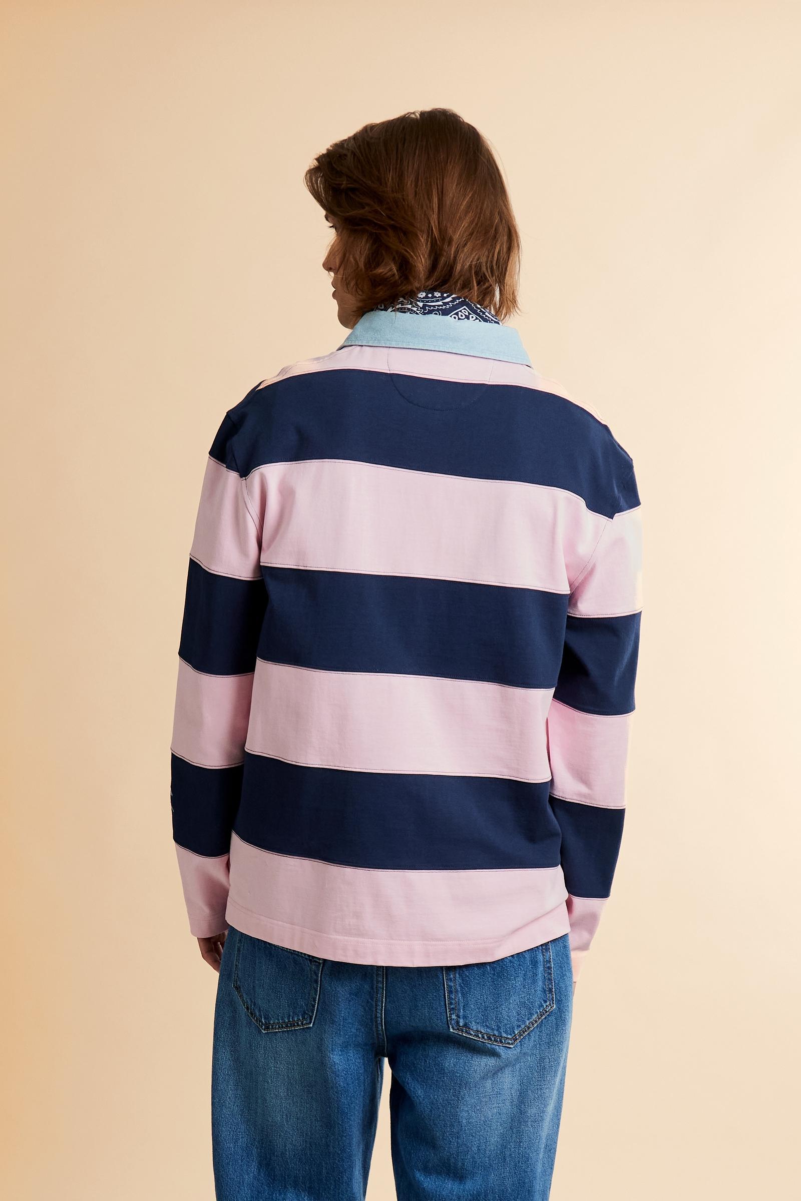 Men’s rugby polo in heavy cotton jersey with bold two-tone stripes. Preppy-inspired patches and embroidery. - Fairtale/Navy