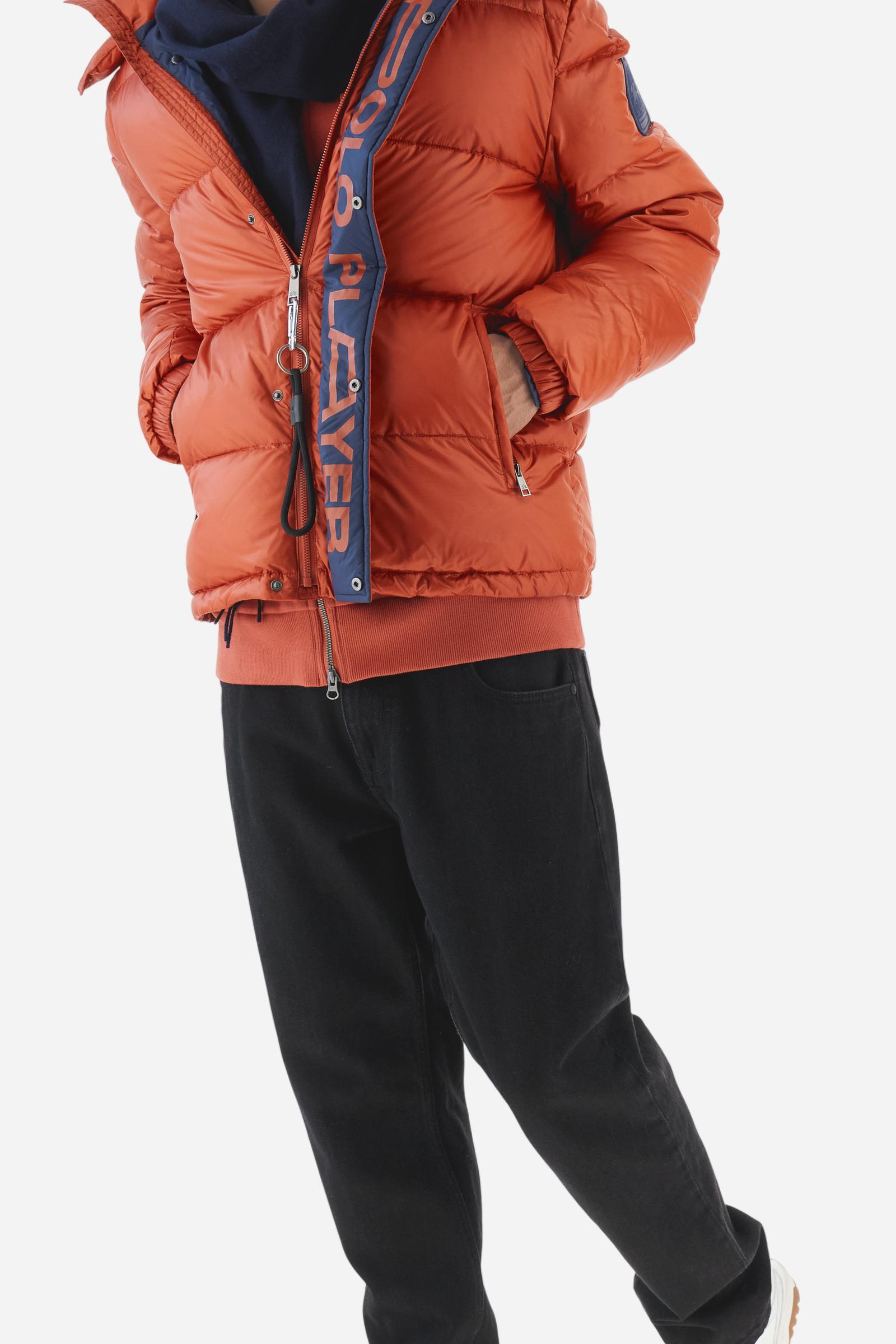 Men’s iridescent nylon down jacket with detachable hood. Regular fit with practical inner braces and contrast Polo Player graphics. - Red Orange