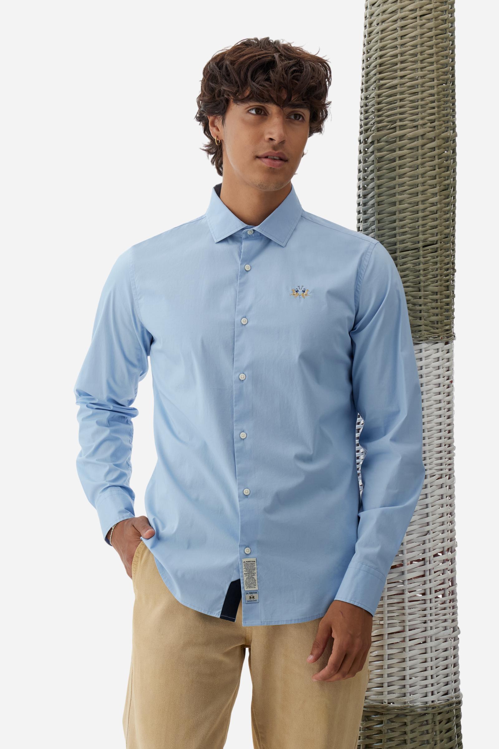 Men's long-sleeved shirt in cotton poplin. Slim fit with semi-cutaway collar. - Blue Bell