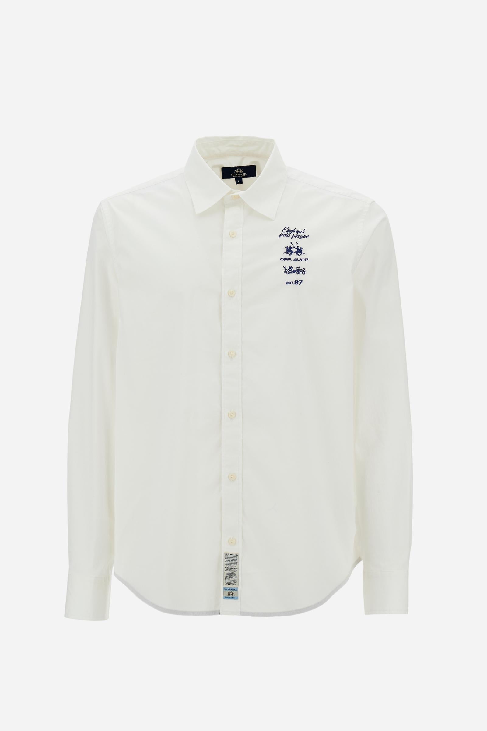 Men’s long-sleeve shirt in stretch cotton poplin with a classic collar, adjustable cuffs, front graphics, and maxi logo on the back for a stylish look. - Optic White
