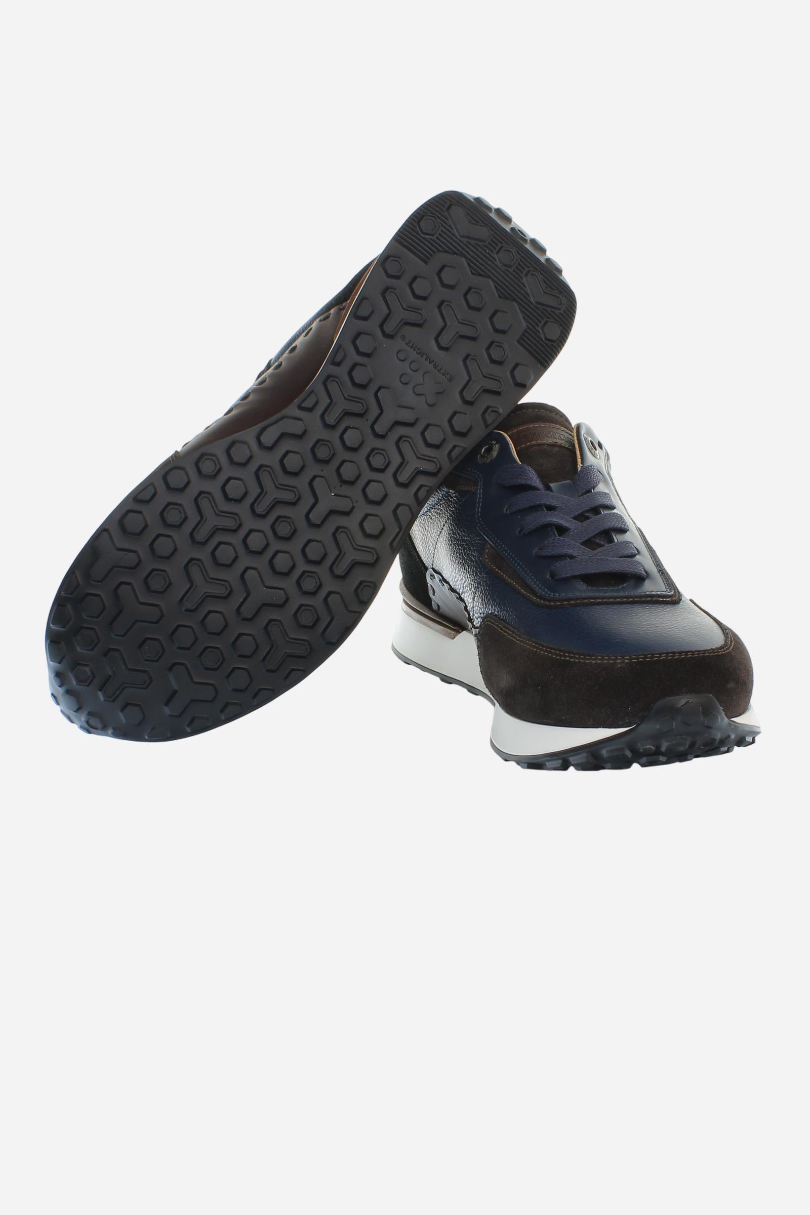 Sporty and elegant trainers in leather and suede, with ultralight technical soles in XL Extralight EVA. Perfect for anyone in search of comfort, performance and handcrafted details. - DARK BROWN/BLUE