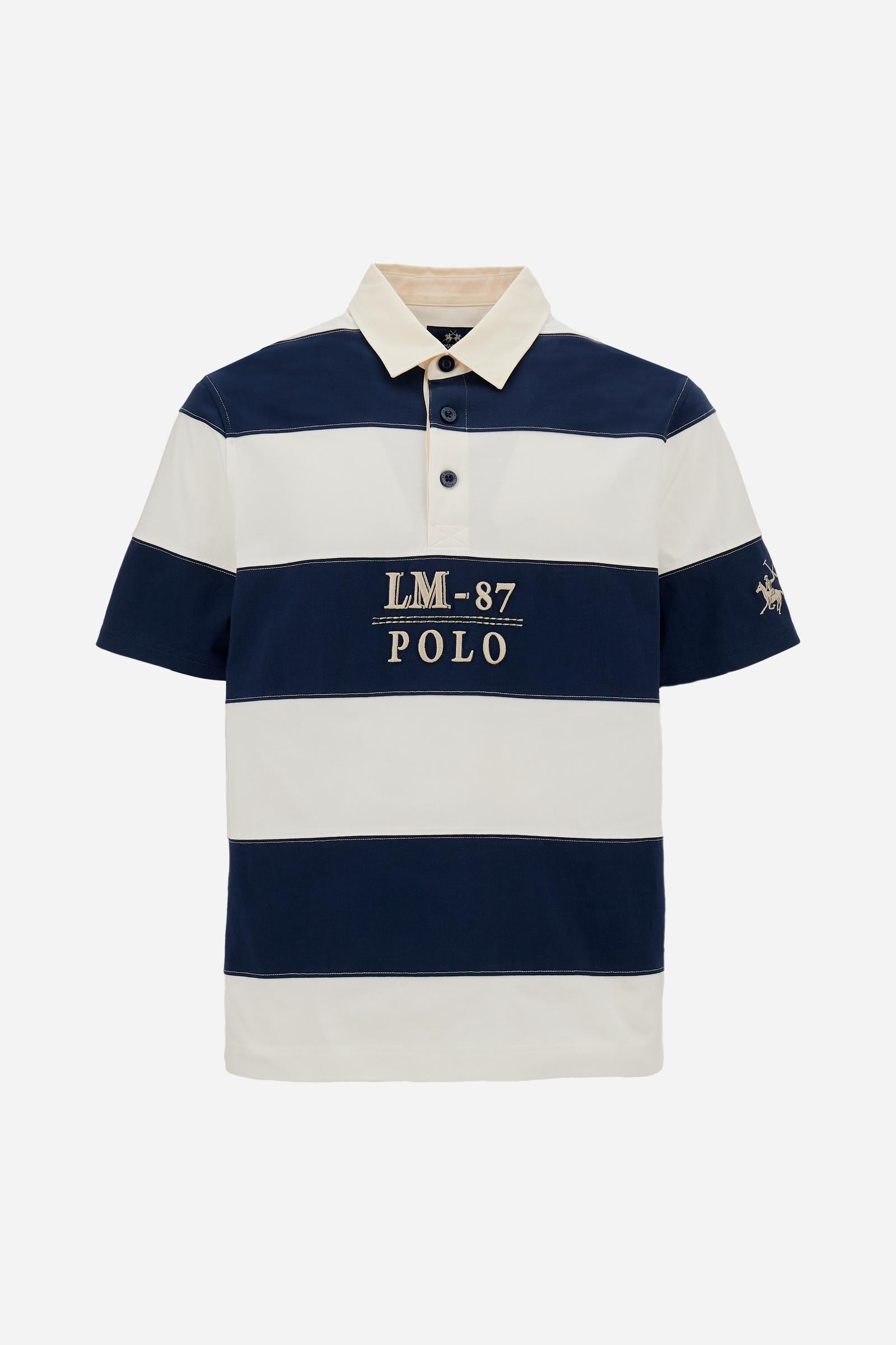 Men’s rugby polo in heavy cotton jersey with striped design and contemporary fit. Heritage embroidery on chest and sleeves. - Off White/Navy