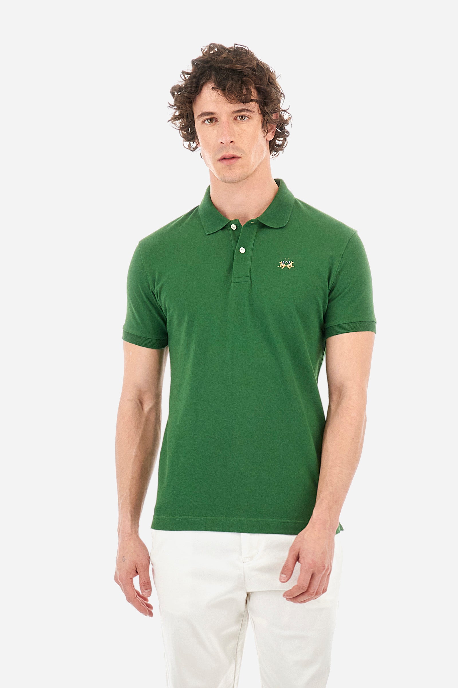 Men's short-sleeved, slim-fit polo shirt. A classic model with a contrasting embroidered La Martina logo-embellished chest. Perfect when worn with a pair of jeans from the collection. - Junipet