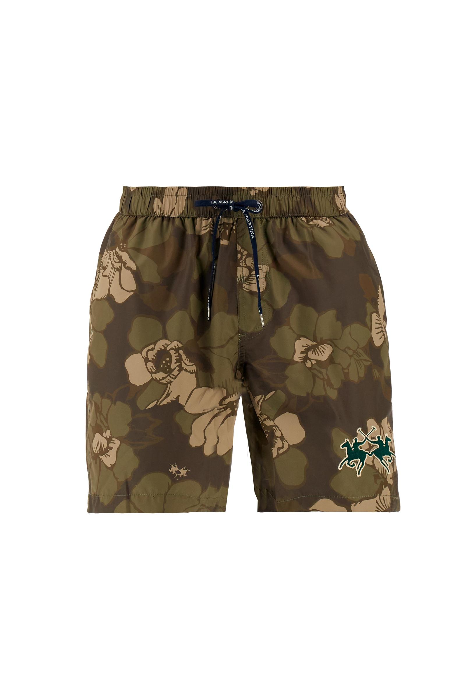 Men’s nylon swim shorts with camouflage print in earthy tones. Regular fit with elasticated waistband, drawstring and embroidered logo. - Wren/Burnt Olive