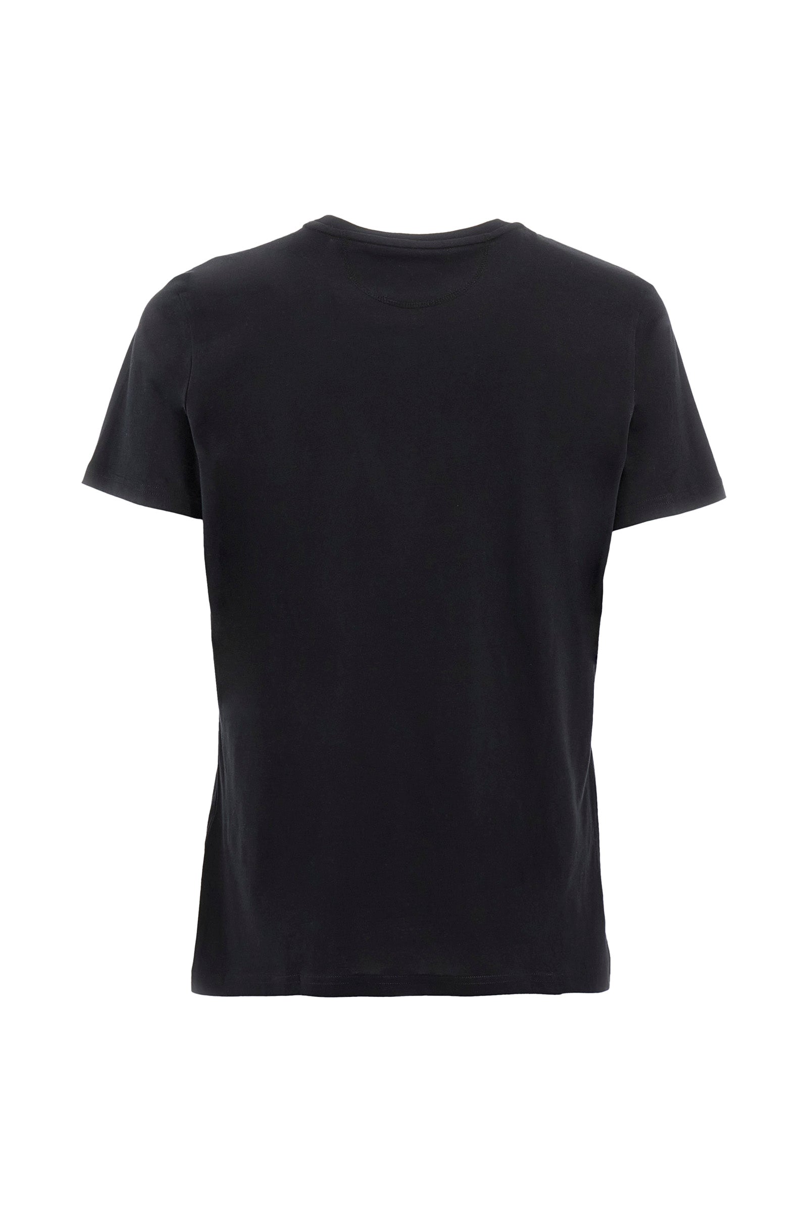 Men's short-sleeved T-shirt with crew neck and solid colour. It features a large printed logo on the front and is made of 100% cotton with a regular fit. It can be combined with trousers for a casual and modern look. The model is 187 cm tall and wears a size L. - Black