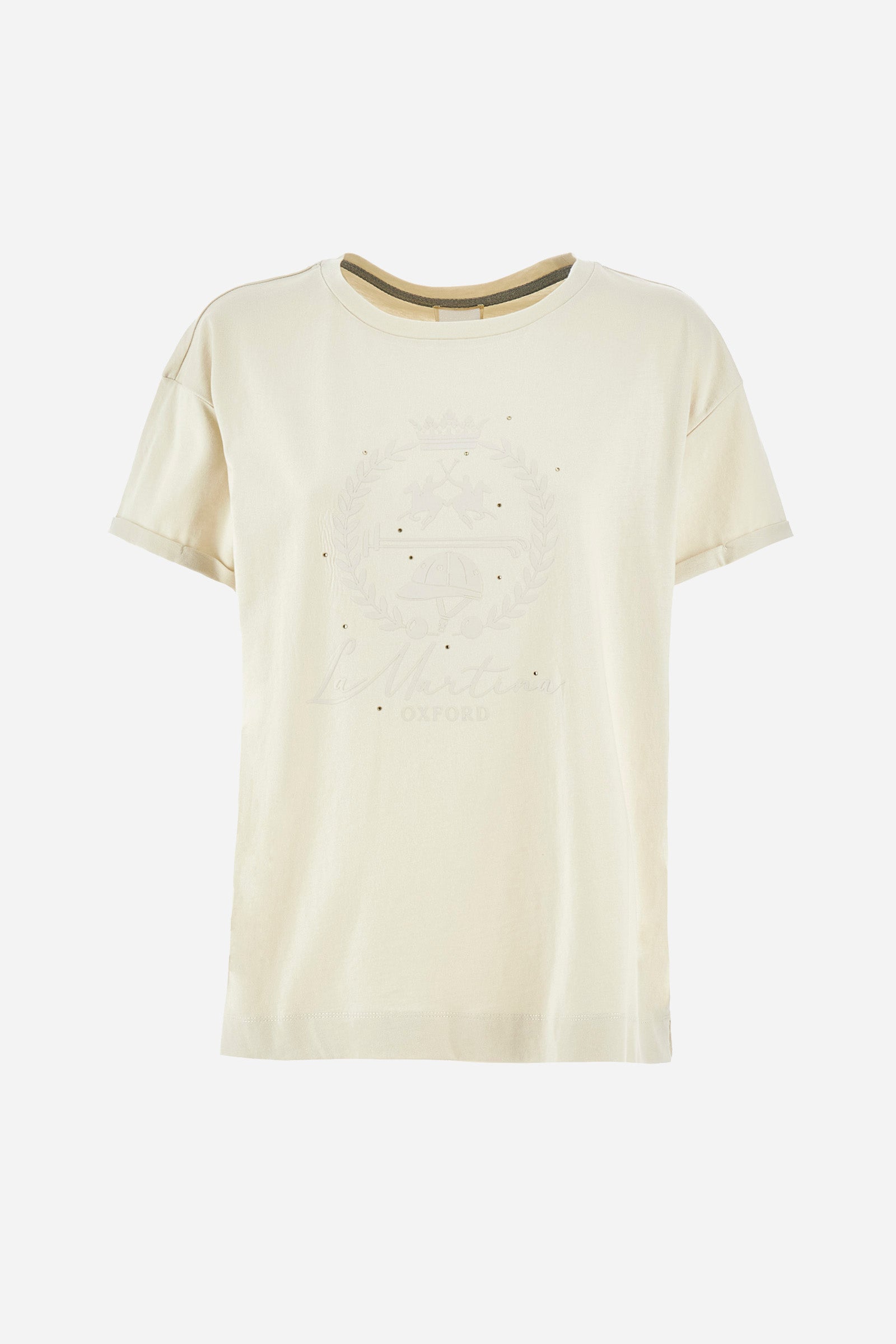 Women's short-sleeved T-shirt with a crew neck in a single colour from the Polo Academy line. Made of 100% cotton. There is a slight turn-up on the sleeve. The front features the La Martina logo and lettering and some of the symbols of the Polo Academy line, all tone on tone. The T-shirt is embellished with all-over tone-on-tone rhinestone applications. The fit is regular. The model wears a size 2. - Bone White