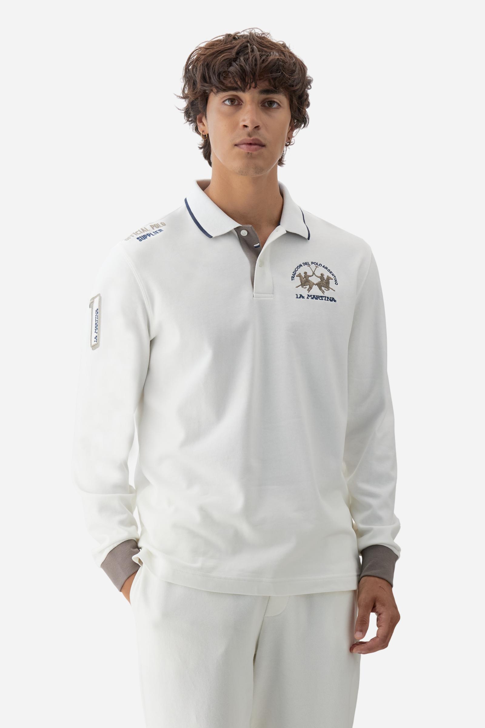 Men’s long-sleeve polo shirt in solid-colour cotton jersey with a warm, matte handfeel. Ribbed collar and cuffs with stripes and colour blocks in contrast, two personalised buttons and contrast details inside the collar. Patches and graphics on sleeves and chest celebrate the Official Polo Supplier team. The large multicolour logo is embroidered on the chest. Regular fit. The model wears size L. - Off White