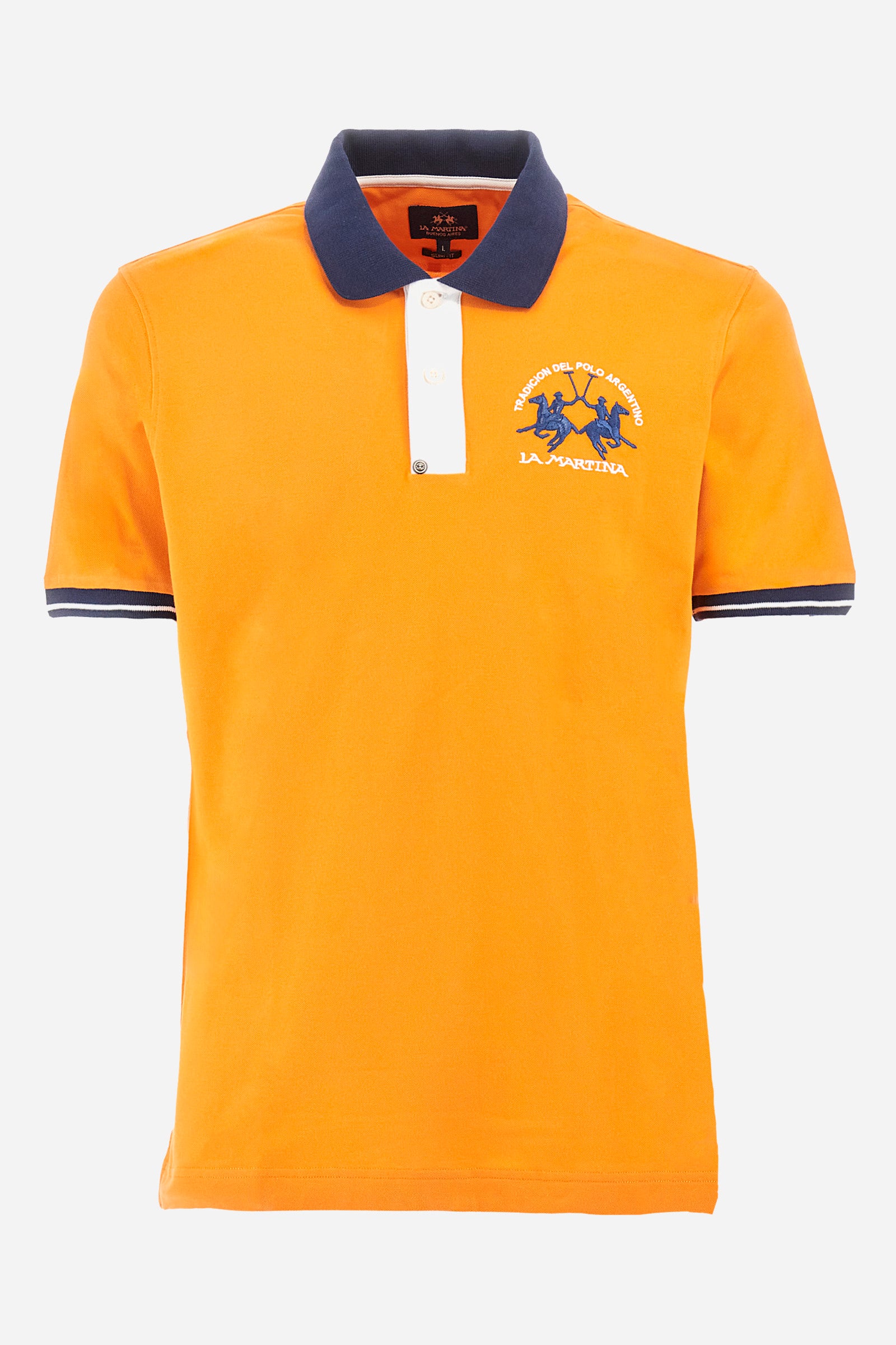 Men's single-colour short-sleeved polo in elasticated cotton. Fastens with two contrasting buttons. Ribbed collar and armholes in different shades. The "La Martina" lettering can be found under the collar. A large logo is embroidered on the chest. The fit is slim. The model wears a size L. - Celosia Orange