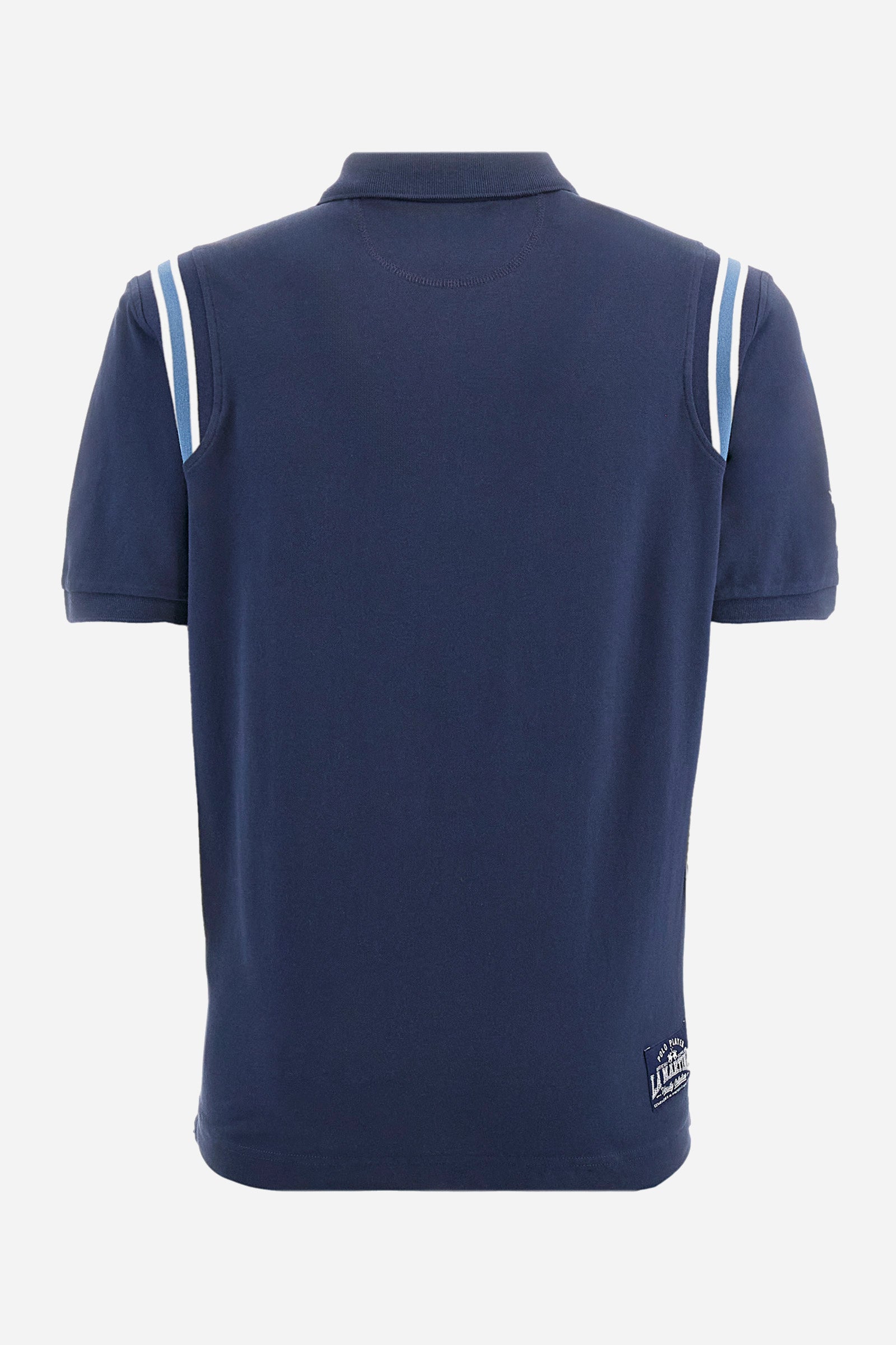 Men's short-sleeved polo shirt in plain stretch cotton. Two-button fastening. The sleeves are finished with contrasting stripes. The logo and lettering associated with the Oxford line are embroidered on the front. Regular fit. The model is wearing a size L. - Navy