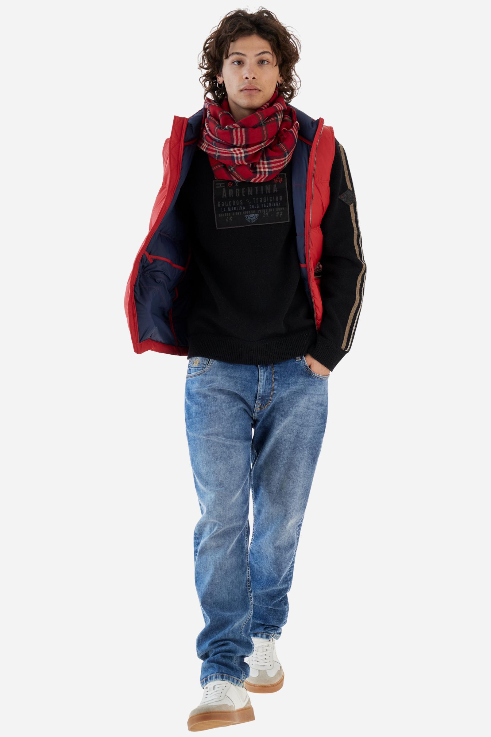 Full-zip men’s sweater in lambswool blend, soft and resistant. Ribbed collar, cuffs, and hem in matching tone. Multicolor striped knitted bands run along the sleeves. A large embroidered patch dedicated to Argentina dominates the chest, complemented by additional embroidered patches on the left sleeve. Relaxed, comfortable fit for distinctive everyday style. Model wears size L. - Black