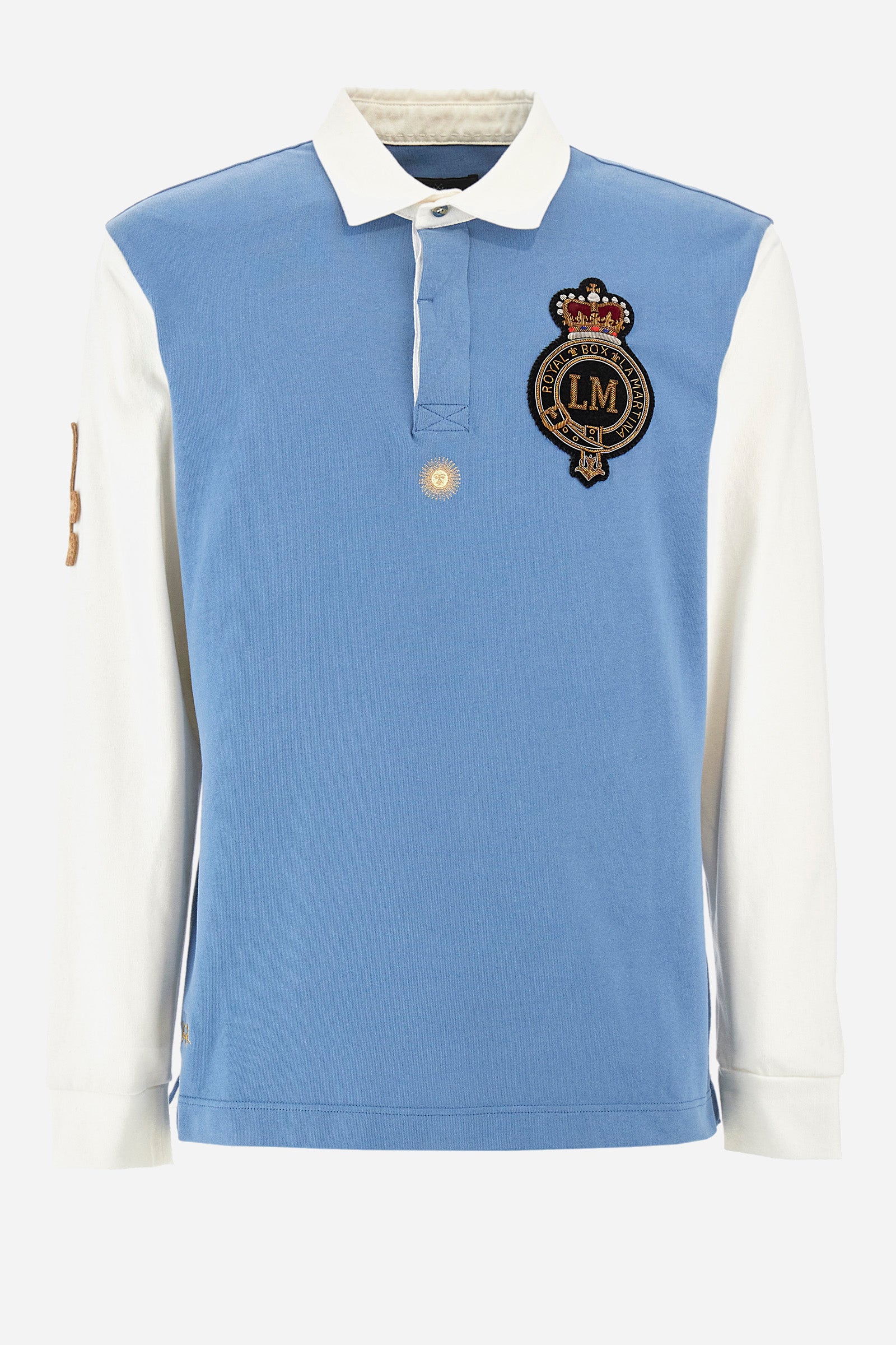 Men's two-tone long-sleeved polo in 100% cotton. Button fastening. Contrasting collar and sleeves. A patch depicting the number 4 is applied on one of the sleeves and on the back. The brand's initials are present on a patch sewn on the front. Regular fit. The model is wearing a size L. - Coronet Blue