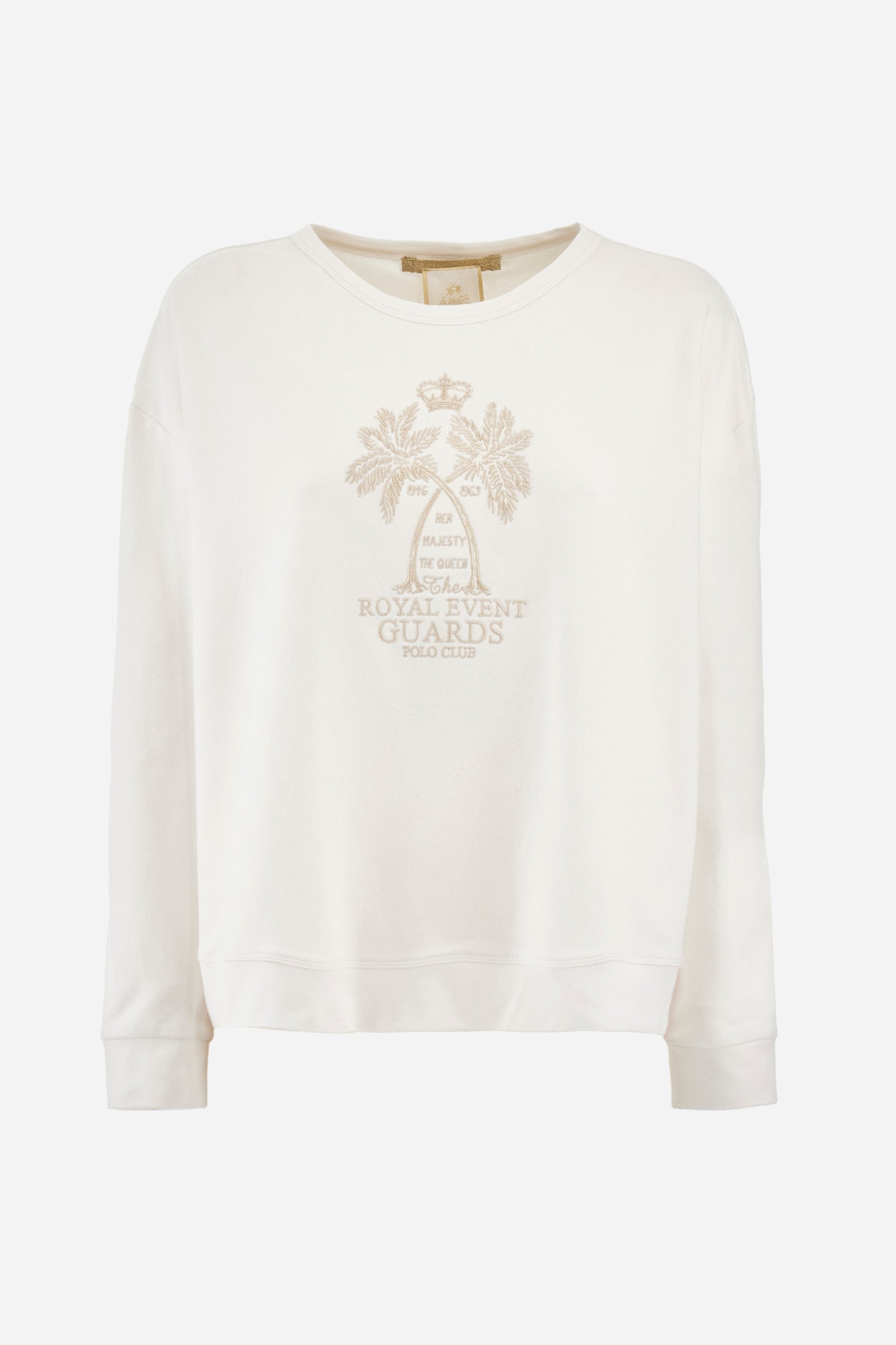 Women's long-sleeved sweatshirt with a crew neck in a single colour, in elasticated cotton. The front features embroidered palm trees and lettering. On the back there are decorative buttons. The logo is embroidered on one of the sleeves together with the symbol of a crown. The fit is regular. The model wears a size 2. - Off White