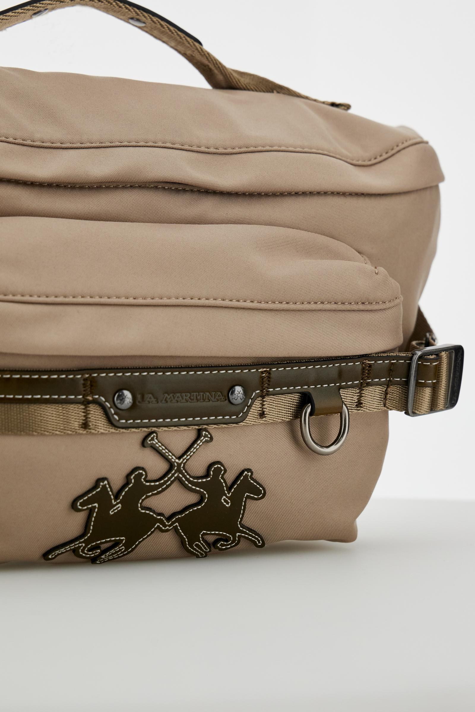 Bum bag in matte technical canvas with eco-leather details, front maxi logo, short handle and adjustable strap. - Gaucho / Olive