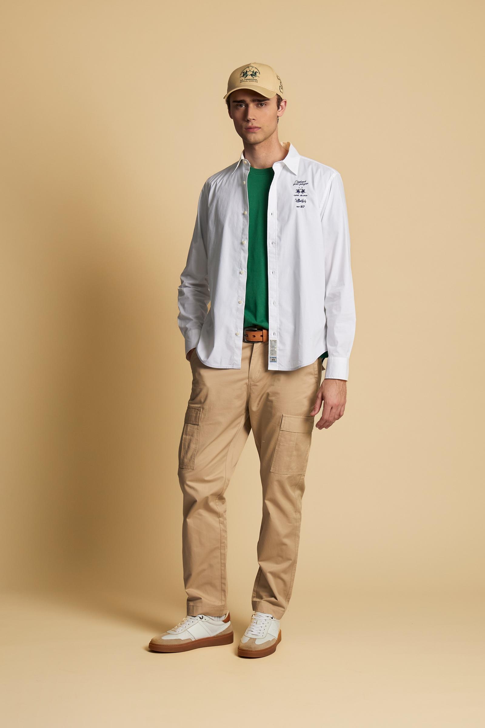 Men’s long-sleeve shirt in stretch cotton poplin with a classic collar, adjustable cuffs, front graphics, and maxi logo on the back for a stylish look. - Optic White