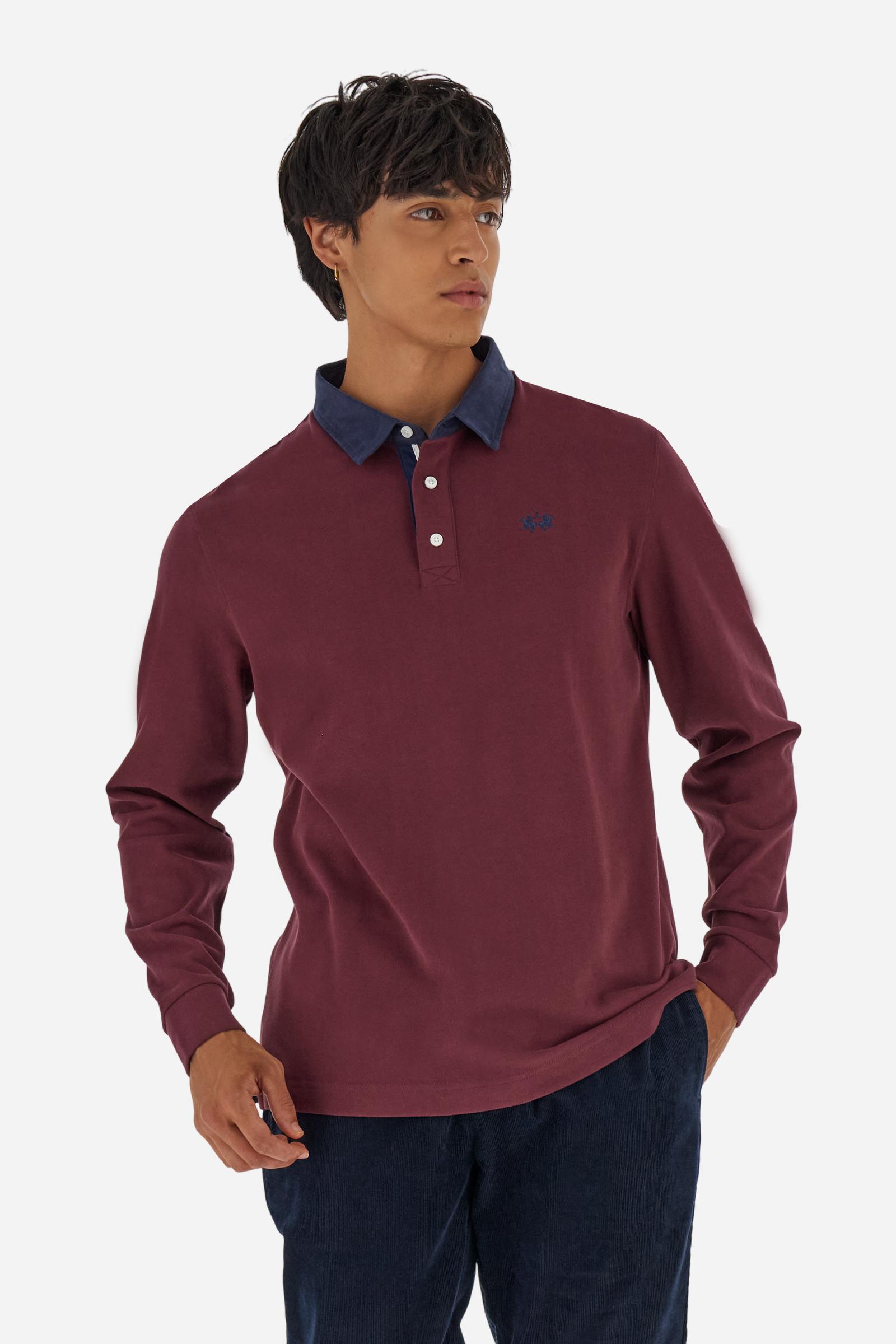 Classic men’s long-sleeve polo in soft-touch 100% cotton jersey. Contrast gabardine collar, three-button placket with multicolor striped tape. Iconic La Martina lettering printed in contrast under the collar. Small contrast logo embroidered on the chest. Regular fit for a balanced silhouette. Model wears size L. - Port Royale