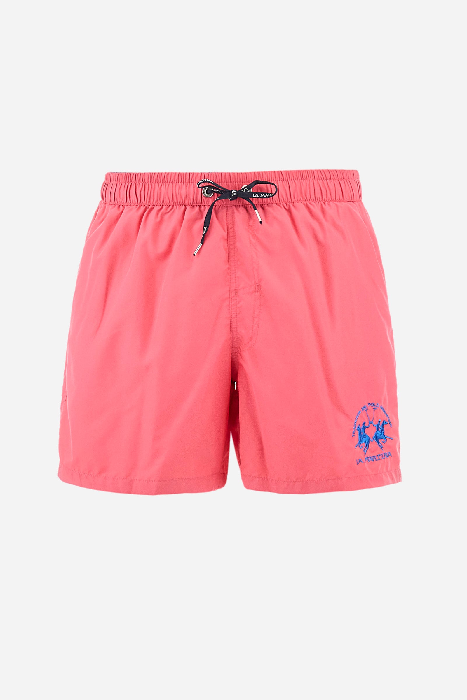 Single-colour men's swimming shorts, made of synthetic fabric. Featuring a drawstring and tie with "La Martina" lettering. Double welt pocket on the front. Closed pocket on the back. Mesh lining. Large logo embroidered on the front. The fit is regular. The model wears a size L. - Hot Pink