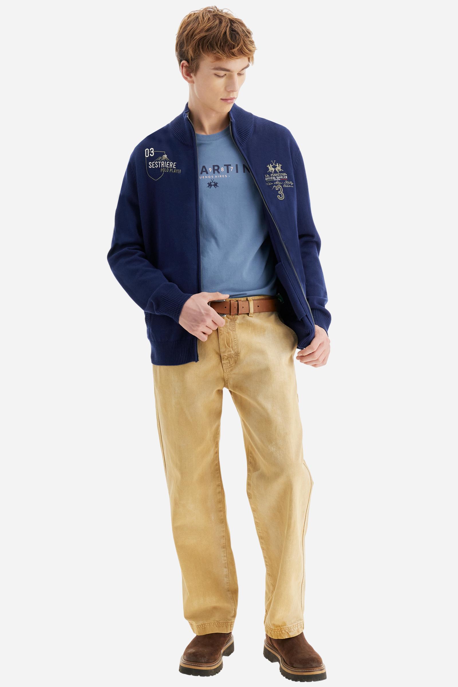 Men’s wool blend sweater with front zip. Regular fit with contrast details and Polo Team graphics inspired by ski resorts. - Navy