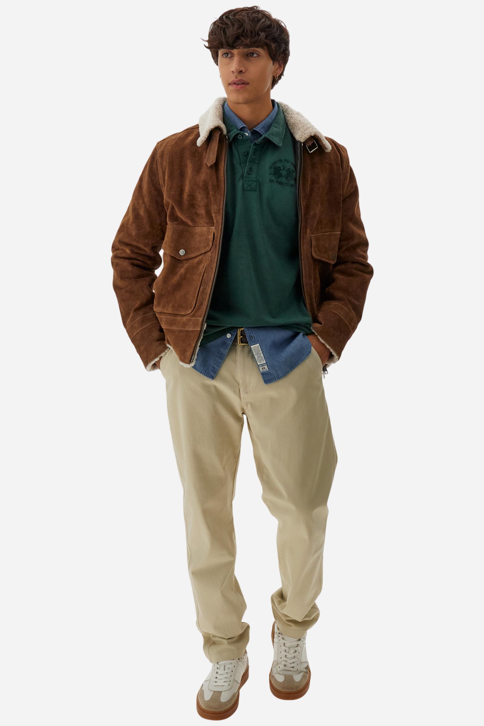 Men’s polo shirt in cotton piqué. Long sleeves, garment-dyed with pigments, tone-on-tone patches and embroidery. Regular fit. - Sycamore