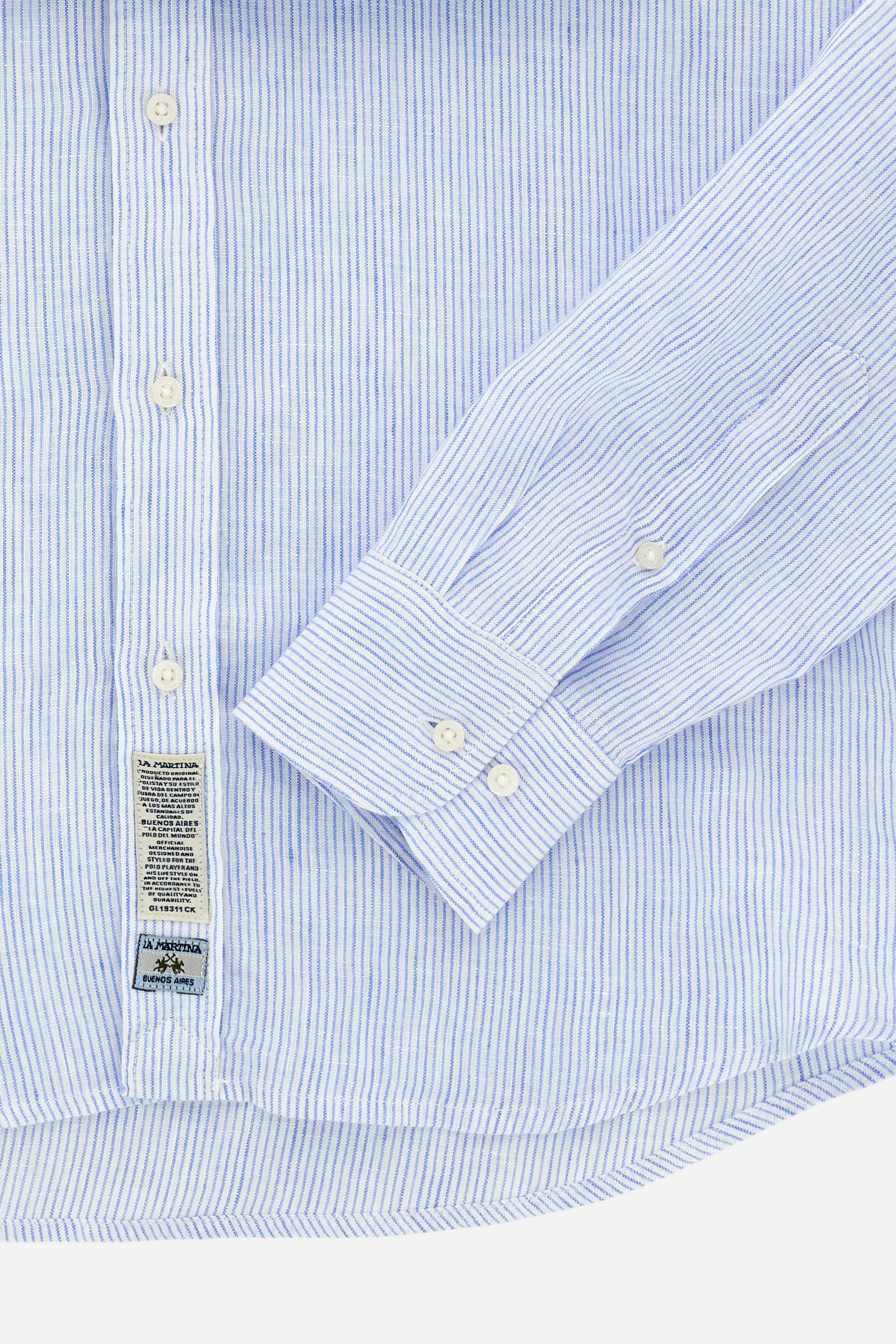 Shirt in 100% linen with vertical micro stripes and natural slub texture. Regular fit that follows the body. Embroidered logo on the chest and signature details on the placket. - OptWhitePrincessBlue
