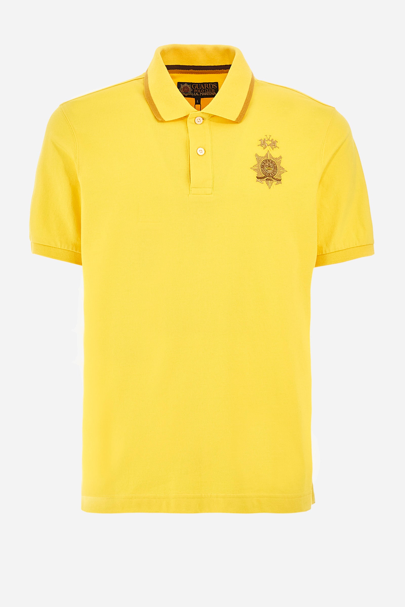 Men's short-sleeved single-colour polo shirt in elasticated cotton. Two-button fastening. Ribbed collar and armholes. The neck is profiled. On the front we find the symbol representing the Guards line. Featuring a small logo embroidered on the chest. The fit is regular. The model wears a size L. - Aspen Gold