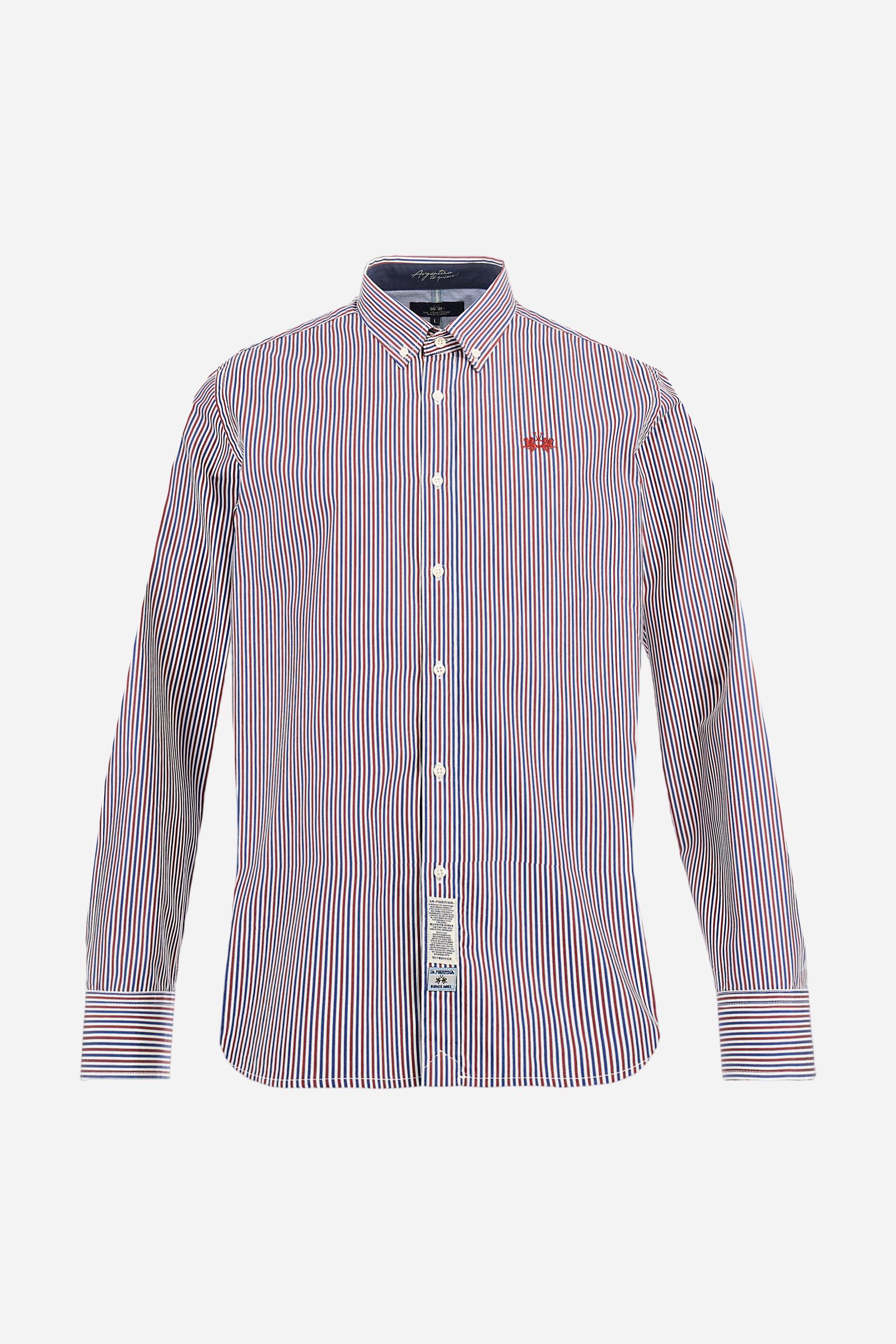 Men's long-sleeved poplin shirt with bicolour stripes. Button-down collar enriched with contrasting interior details and the distinctive Argentina signature. Contrasting embroidered logo on the chest. Regular fit and versatile silhouette. Model wears size L. - OptWhite/Navy/PopRed
