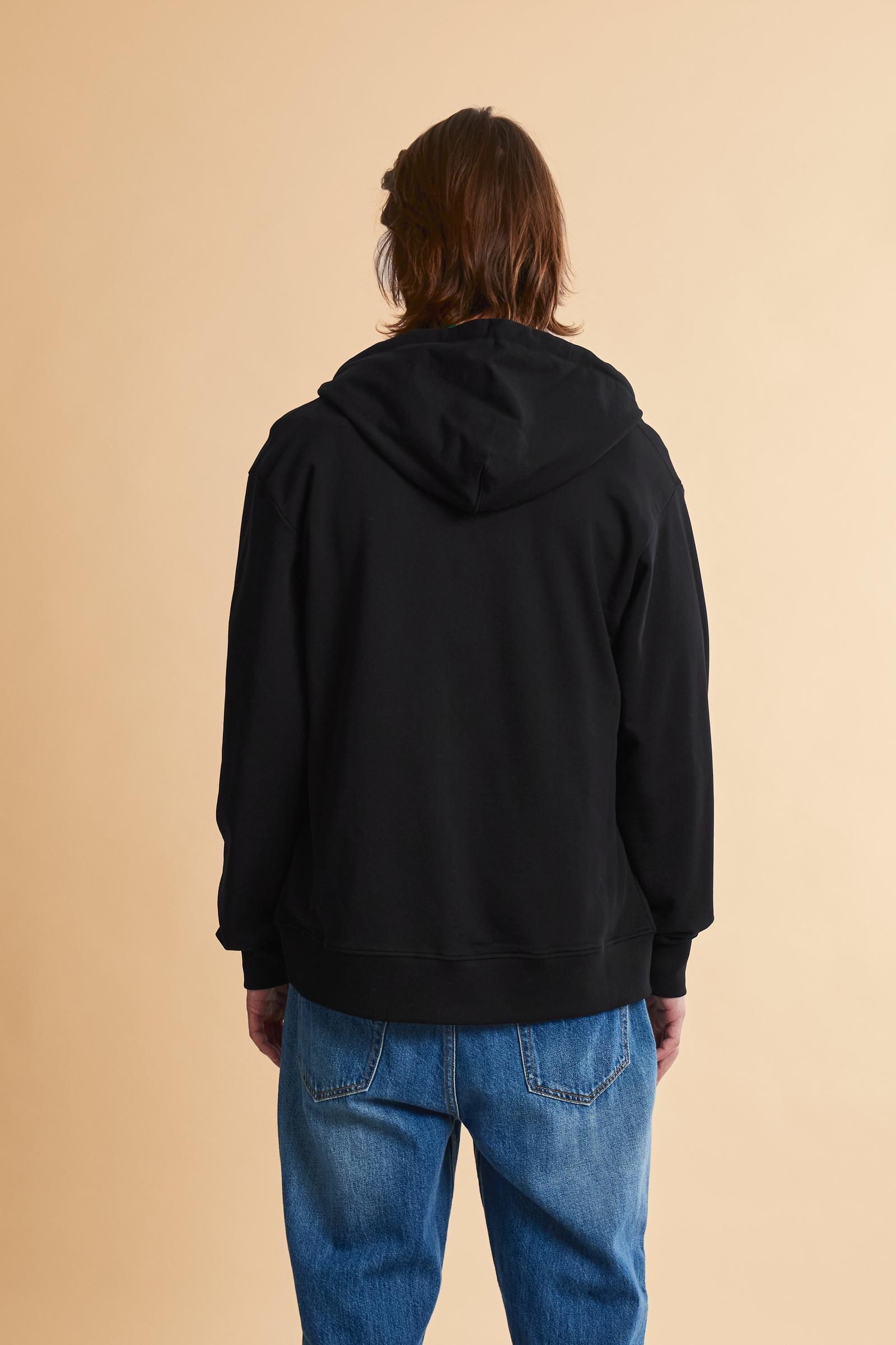 Hooded sweatshirt in lightweight unbrushed cotton with front zip and adjustable drawstring hood with metal tips. Kangaroo pockets and ribbed trims. Relaxed regular fit with contrast embroidered logo on the chest. - Black