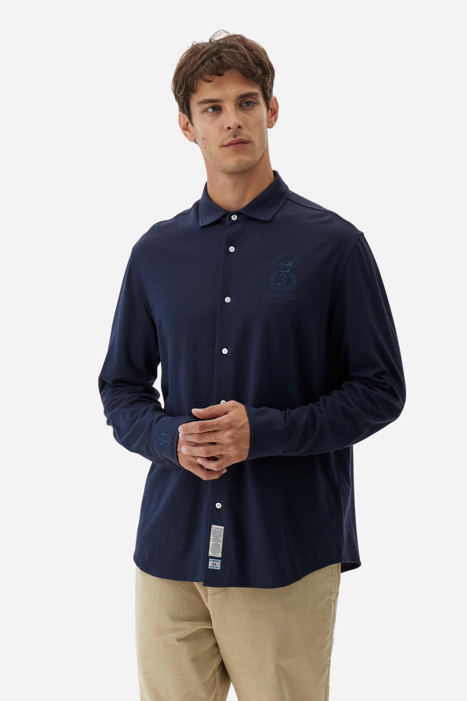 Men’s long-sleeve polo in silky cotton jersey. Regular fit with contrast collar details and Polo Club embroidery. - Navy