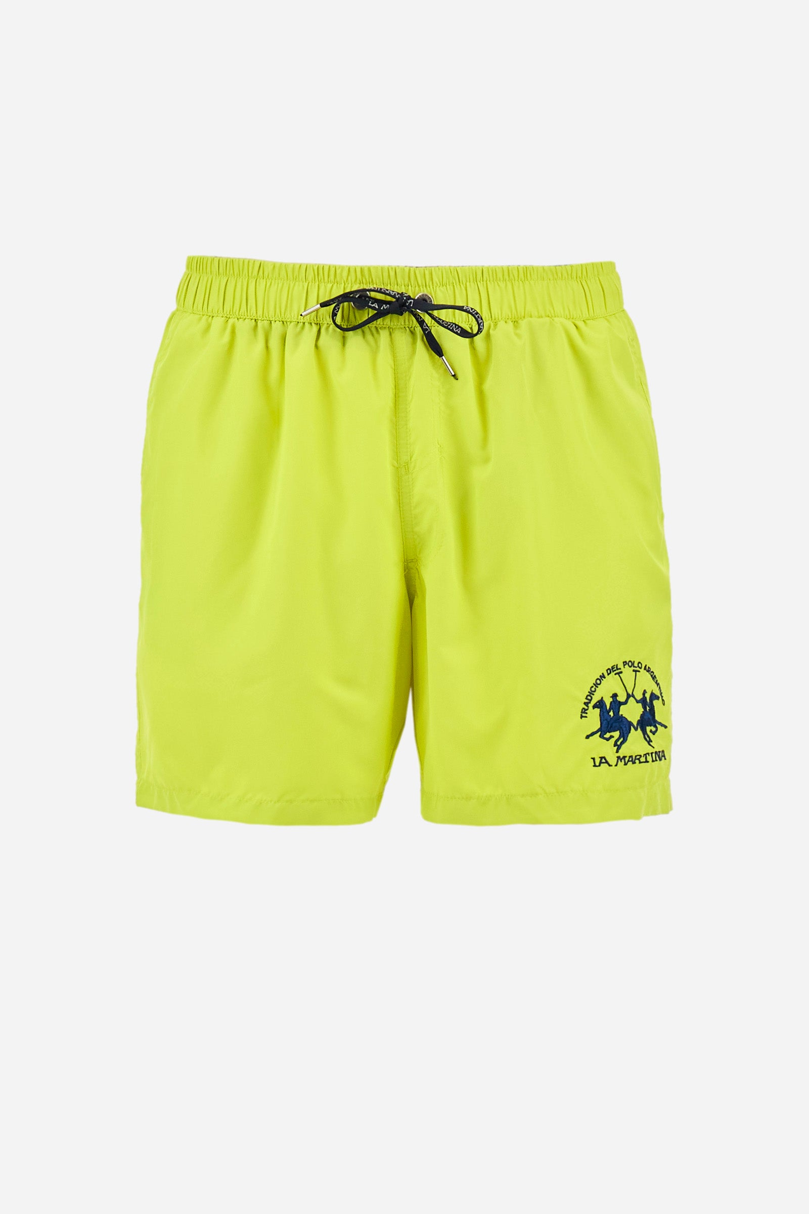 Single-colour men's swimming shorts, made of synthetic fabric. Featuring a drawstring and tie with "La Martina" lettering. Double welt pocket on the front. Closed pocket on the back. Mesh lining. Large logo embroidered on the front. The fit is regular. The model wears a size L. - Acacia