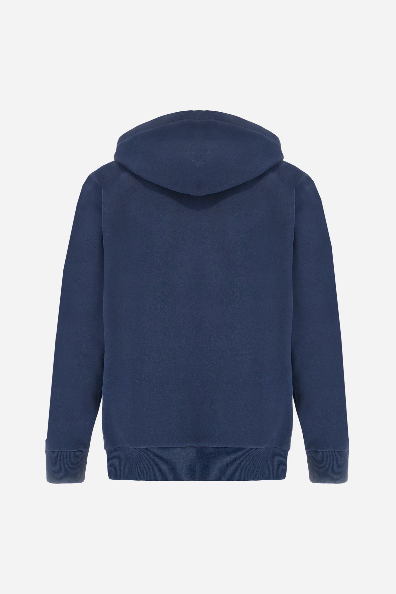 Men's long-sleeved plain sweatshirt made from French terry cotton. Full-zip fastening and hood with adjustable drawstring. On the chest, the La Martina Polo lettering is present as a large, slightly embossed embroidery, while the number 3 is present as a patch made of the same fabric and applied with an embroidered cord in a contrasting colour. The logo is embroidered on the chest, left side. Regular fit. The model is wearing a size L. - Navy