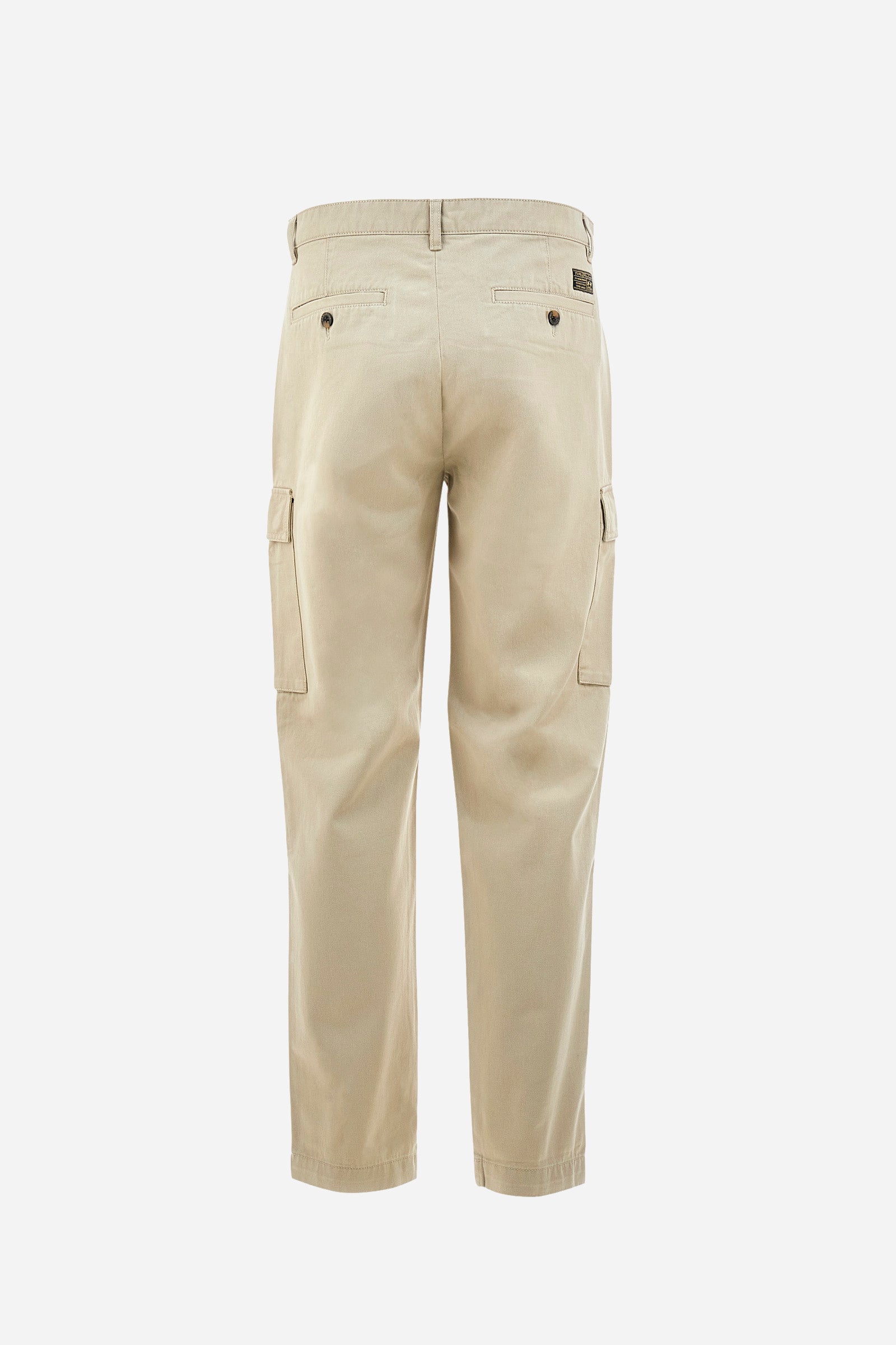 Men's plain cargo trousers, made from 100% cotton. Complete with belt loops and a zip fly and button. In addition to the two cargo pockets, they feature two front pockets and two back pockets with buttons. Regular fit. The model is wearing a size 33. - Tidal Foam