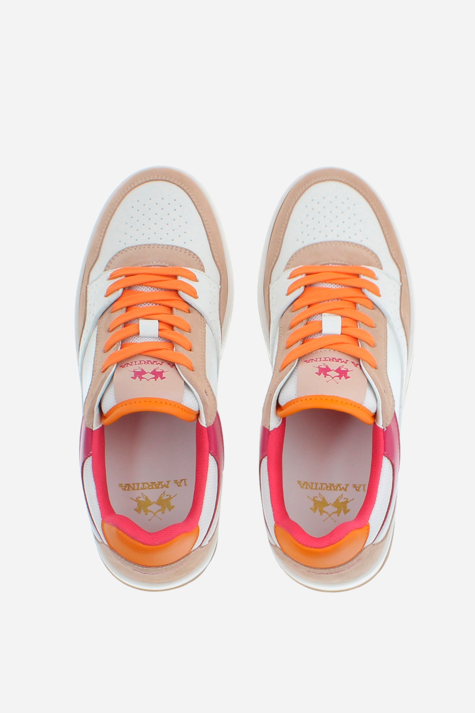 New vintage project trainer in soft, vegetable-tanned leather, with tone-on-tone and vividly coloured suede inserts to add a touch of visual interest. Iconic perforated motif and technical fabric inserted for greater lightness. Padded tongue covered in leather with fabric insert with embroidered La Martina branding. Logo print on the back patch. Oversized cushioned sole in two-tone rubber. - Pink/White