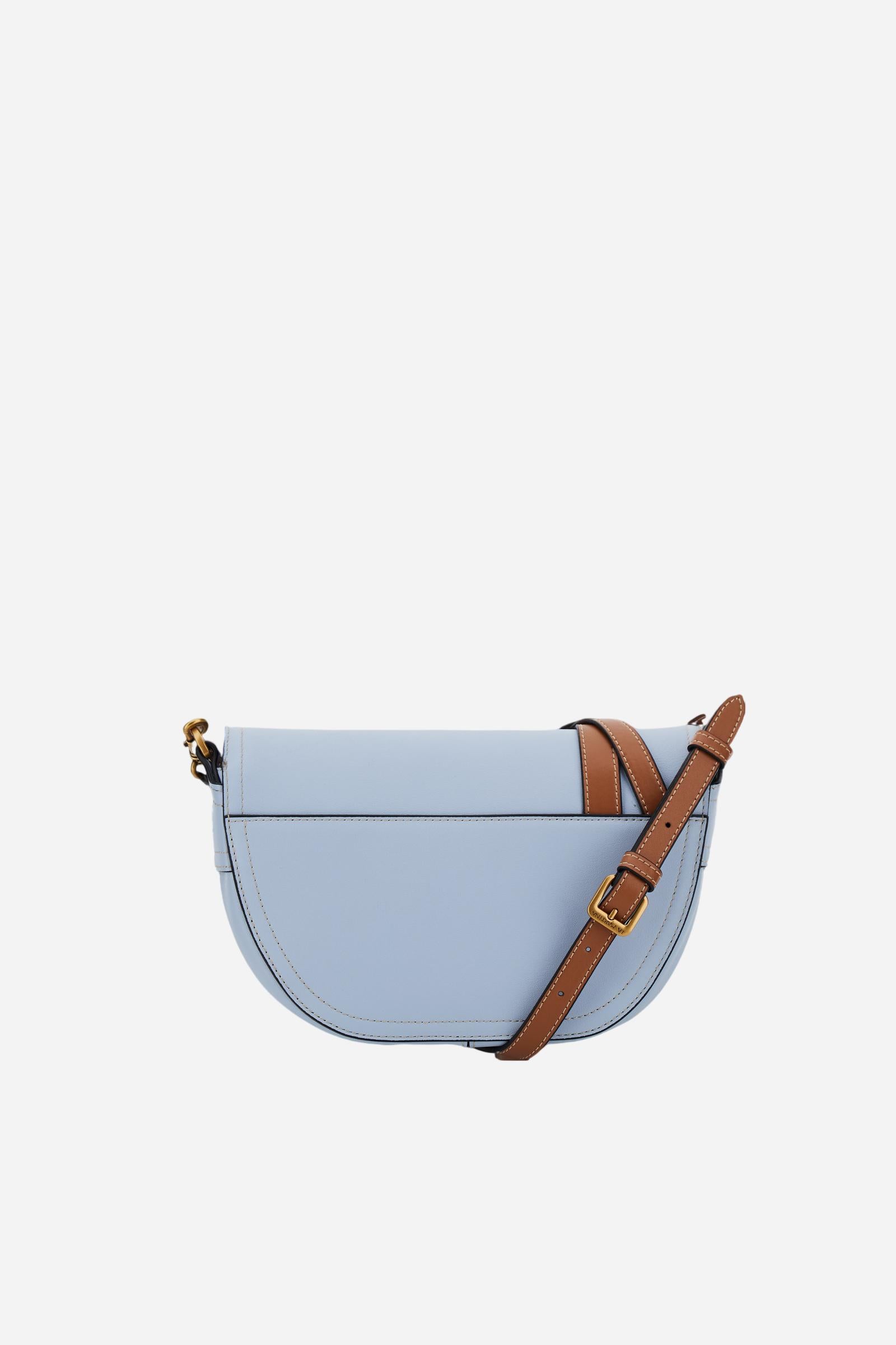 Small half-moon bag in full-grain leather with leather trim, saddle flap and gold maxi stirrup buckle with engraved logo. - Sea Breeze/Cuoio