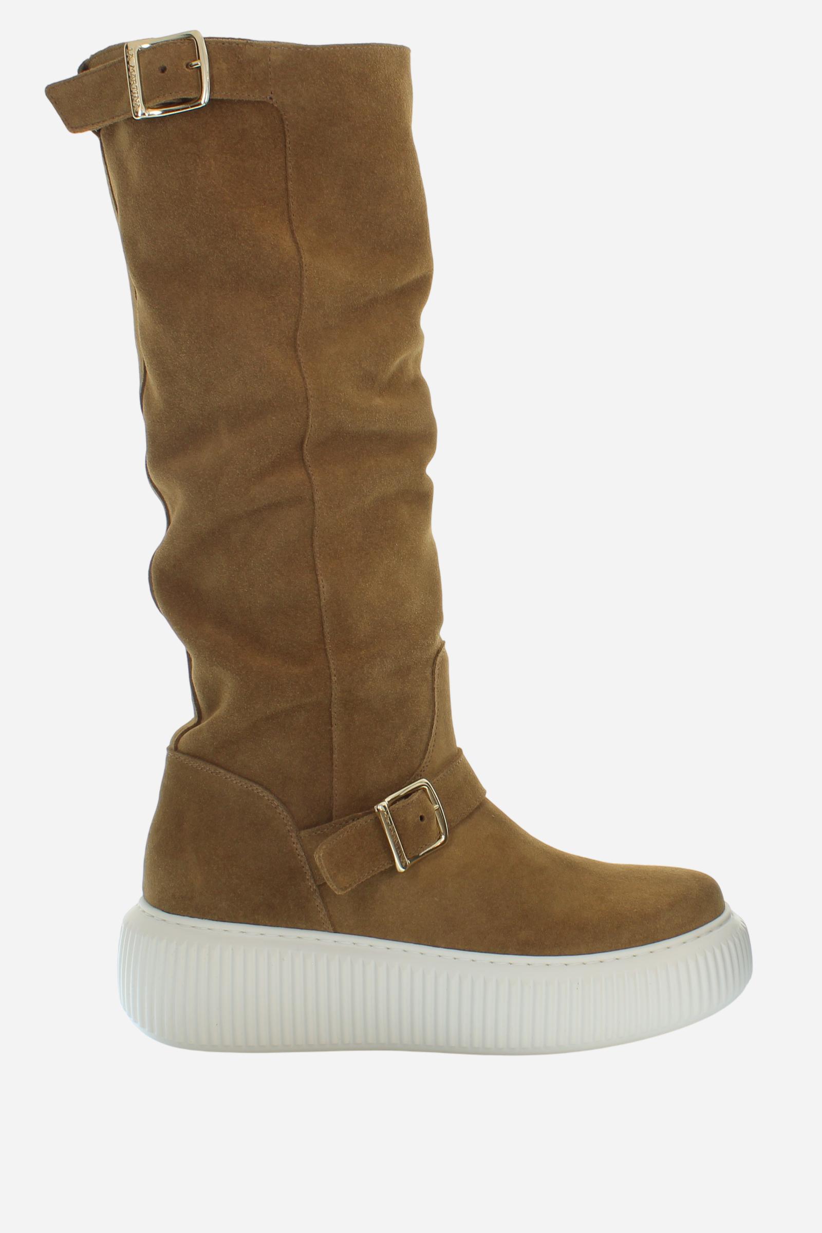 Women's high boots in soft suede with branded buckles and chunky rubber soles. A sporty and refined design for a unique and original style. - CAMEL