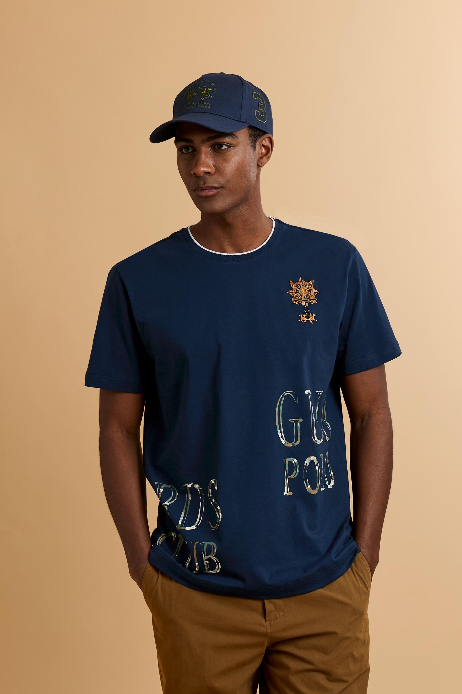 Men’s short-sleeve cotton jersey T-shirt. Crew-neck style with regular fit, enriched with embroidered crests and a large Guards print. - Navy