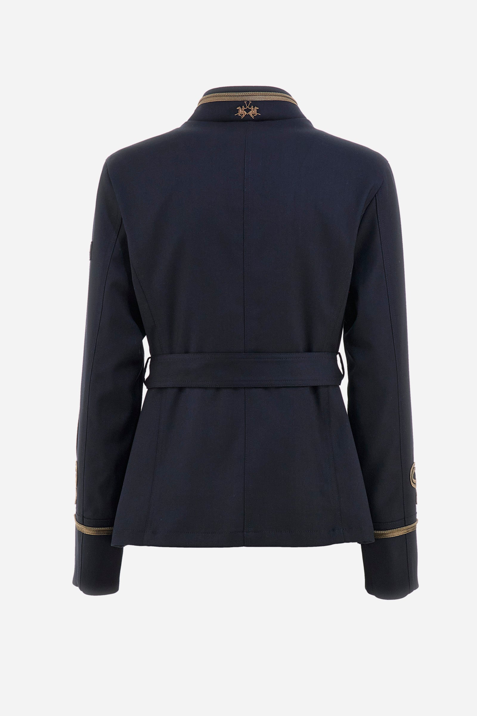 Women's long-sleeved Guards jacket, made from plain synthetic fabric. High neck. Button fastening. Decorations representing the Royal Guards line appear on the sleeves. Double pocket on the front, fastened with buttons. Belt loops at the waist. Regular fit. The model is wearing a size 42. - Navy