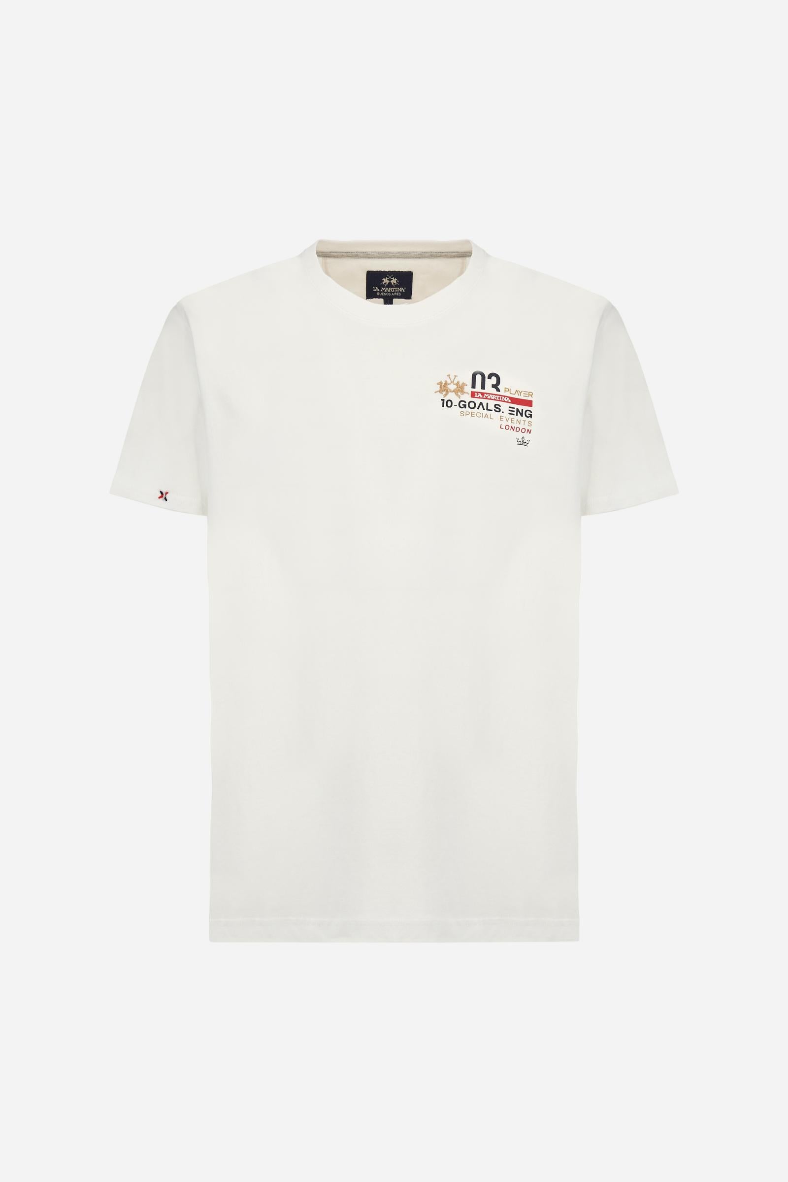 Single-colour short-sleeved men's T-shirt made of cotton jersey. Crew neck, with colour-contrasting jersey border inside. Mlticoloured lettering is printed on the chest, enriched by the embroidered brand logo. The graphics on the back are printed, while the number is a flocked transfer in a contrasting colour. On the right sleeve the small star detail is hand-embroidered with multi-coloured threads. The fit is regular. The model is wearing a size L. - Optic White