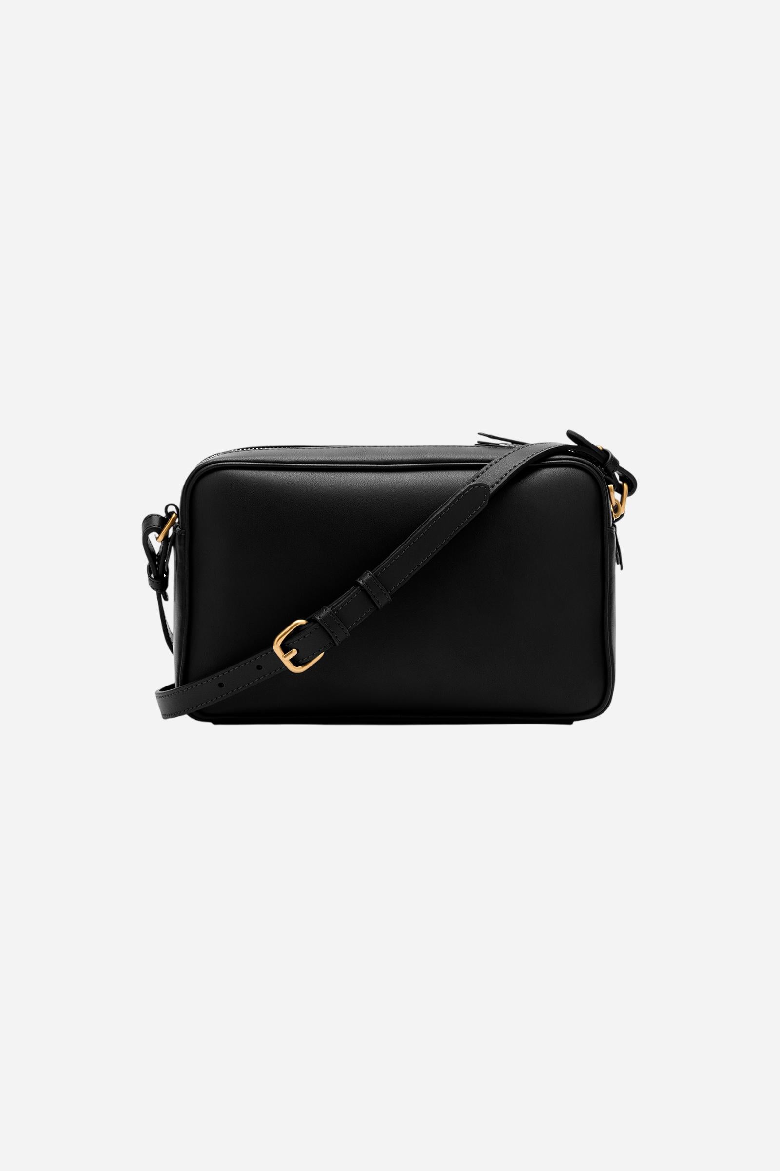 Rectangular crossbody bag in super soft calfskin leather. Essential model with double top zip and golden front tag. - Black
