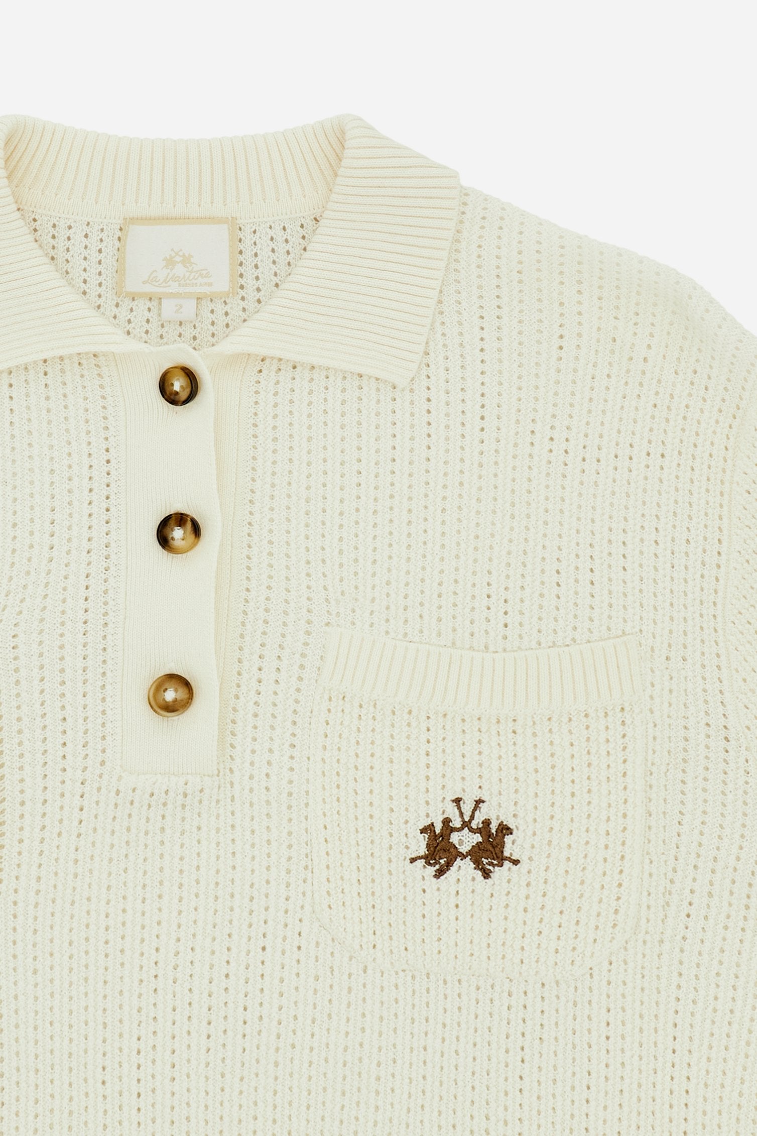Women’s short-sleeve cotton openwork knit polo shirt. Classic collar, front closure, patch pockets and delicate embroidered detail on the chest. - Off White